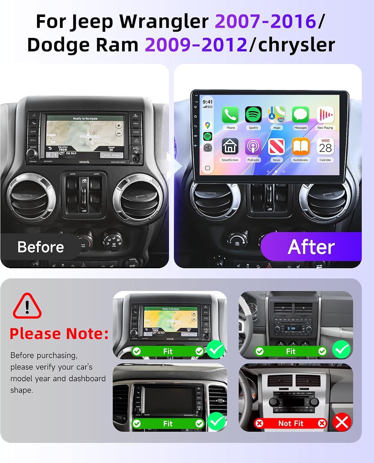5Ghz WiFi Car Stereo Radio for Jeep Wrangler 2007-2016/Dodge Ram 2009–2012/chrysler Support Wireless Carplay Android Auto 9'' HD Screen with Android 15 GPS EQ Backup Camera FM/RDS Radio SWC 2G+64G
