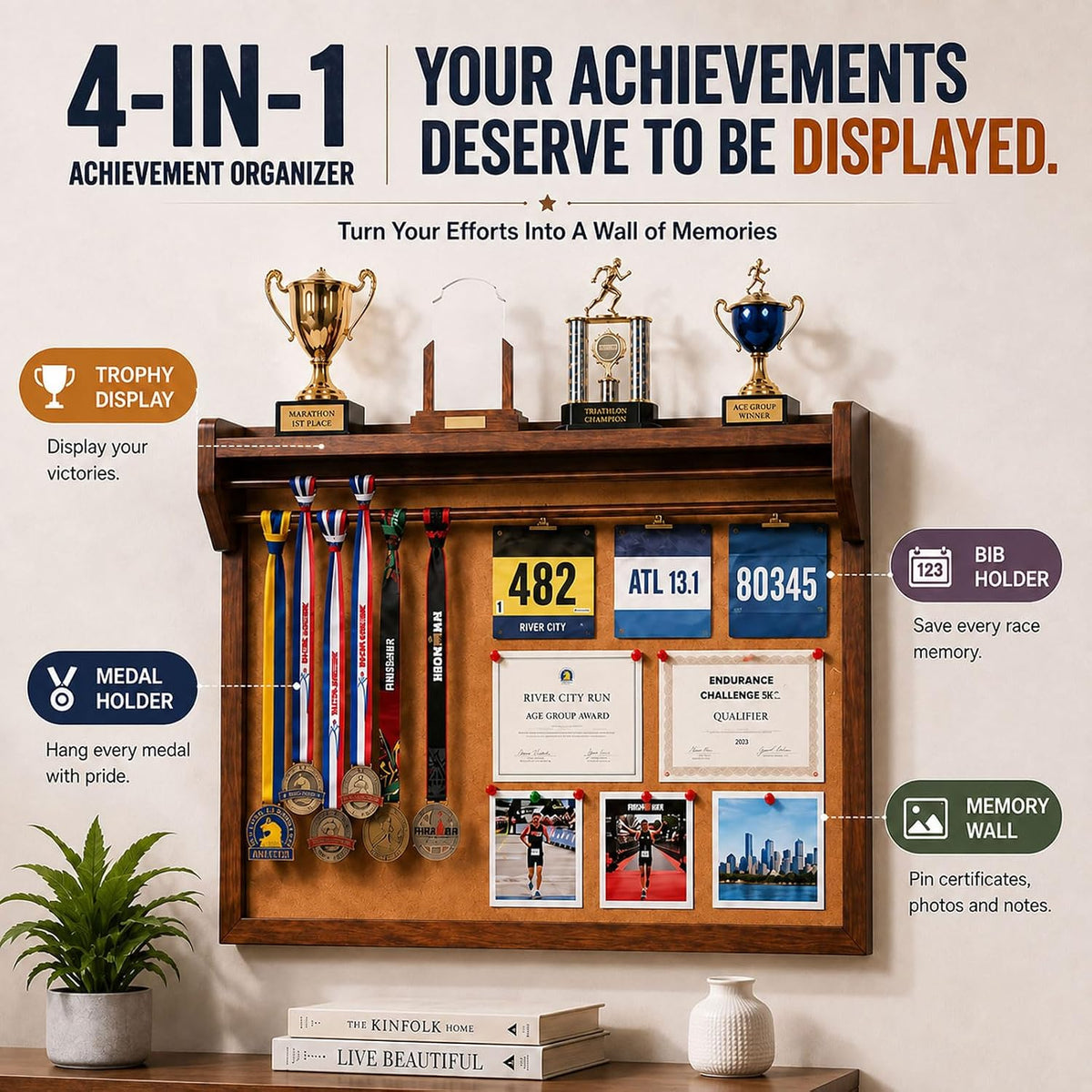 Wooden Medal Display, DIY Sports Achievement Wall, Trophy & Race Bib Holder