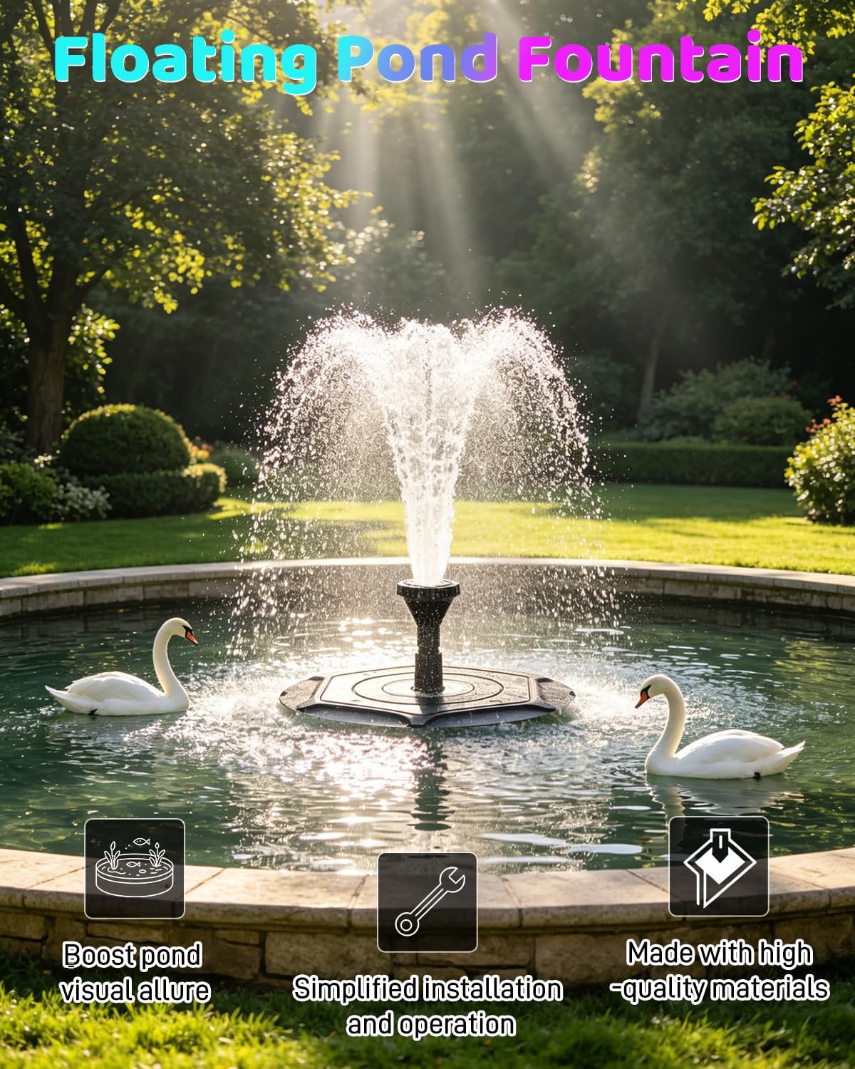 Pond Fountain Aerator with RGB Lights, Floating Pond Fountain Pump with 33FT Power Cord and 3 Nozzles, 792 GPH 45W High-Performance Pump Build in, Suitable for Outdoor Ponds, Garden, Fish Tanks