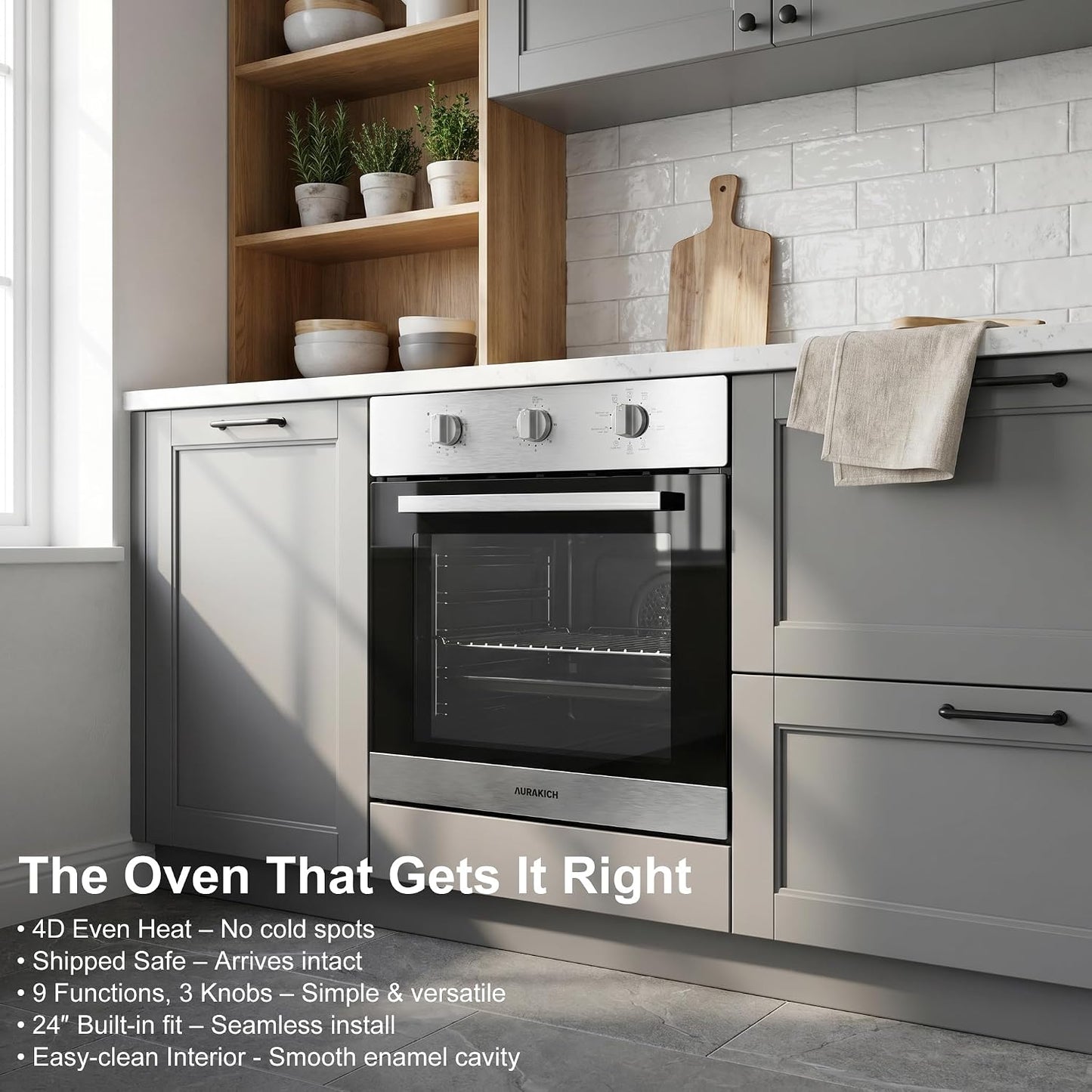 24 inch Built-in Electric Wall Oven, Stainless Steel | 2.5 Cu.ft Convection, 4D Hot Air & 9 Cooking Modes, 3 Knob Control, 3-Layer Tempered Glass Door, Secure Shipping Design