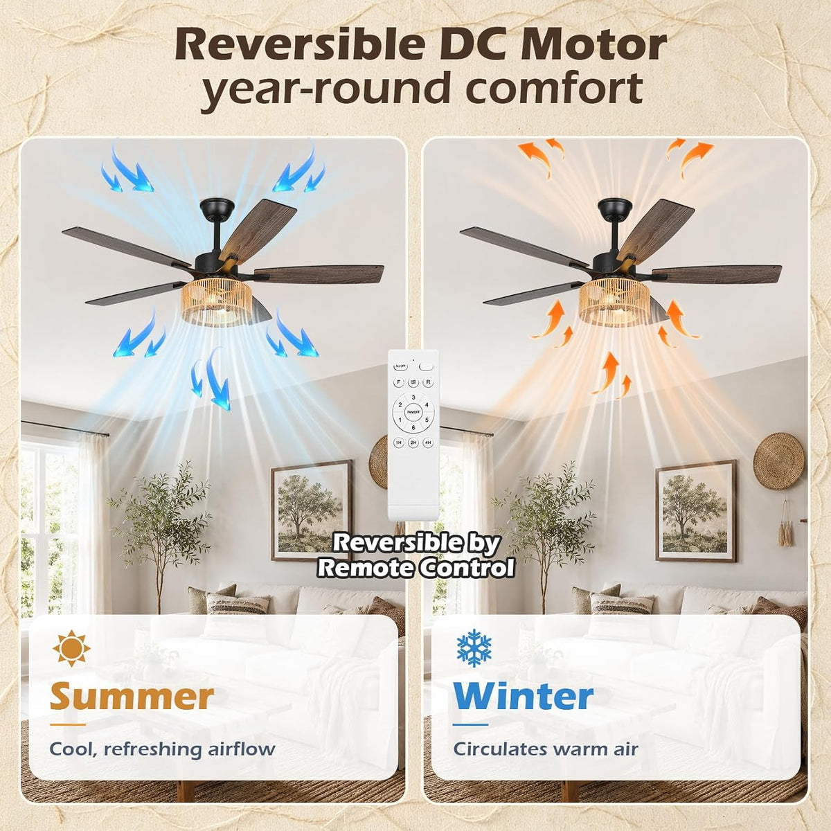 52In Boho Fandelier Ceiling Fan with Light, Hand-Woven Rattan Shade Beige