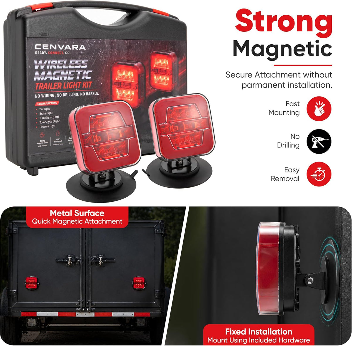 Wireless Magnetic Trailer Lights, Rechargeable USB-C Tow Light Kit 2 Mounting Options | 30s Magnetic Mount | 100ft Stable Range | USB-C 9H Runtime | IP67 Waterproof | 5 Light Functions
