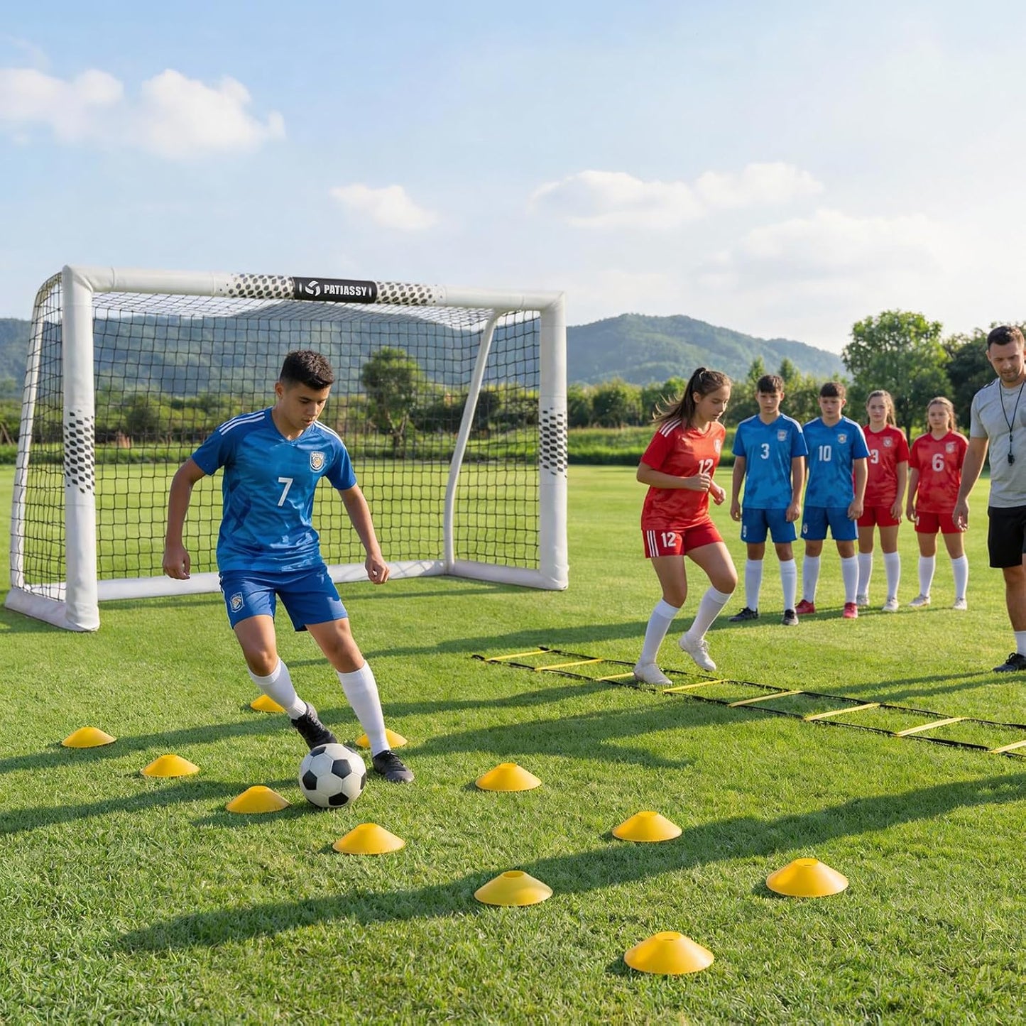 Soccer Goal for Backyard, 8x6/6x4 FT Heavy Duty Soccer Net with Safety Foam Padded Metal Post, Durable Goals with Training Set Agility Ladder & 12 Cones for Youth & Adults Practice 8x6 FT