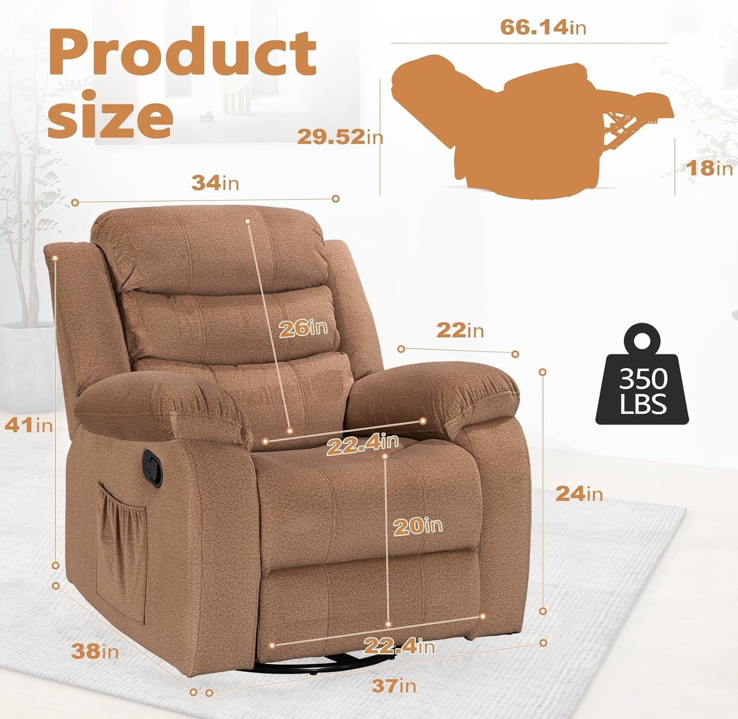 Swivel Rocker Recliner,Rocker Recliner Chair for Adults,Oversized Chair with Upholstery and Backrest, Comfy Reclining Single Sofa for Living Room