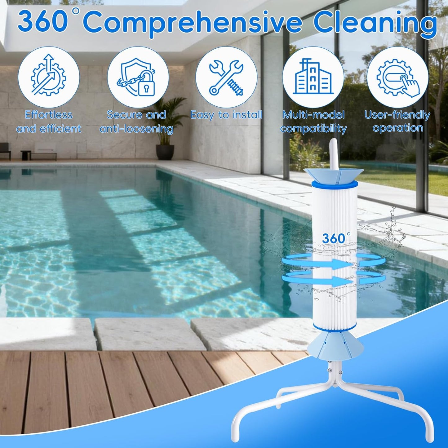 Pool Filter Cleaning Stand Compatible with cartridges 3, 4, or 6" in Diameter and up to 21" in Length, 360° Rotating Cleaning No Bending Required Say Goodbye to Manual Scrubbing