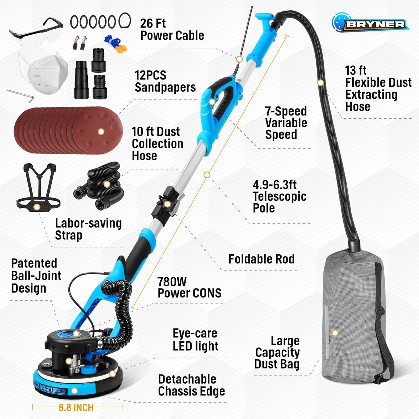 Drywall Sander, 780W Electric Drywall Sander with Vacuum Attachment and Labor-Saving Back Belt, 7 Variable Speed 900-1800RPM, Dustless