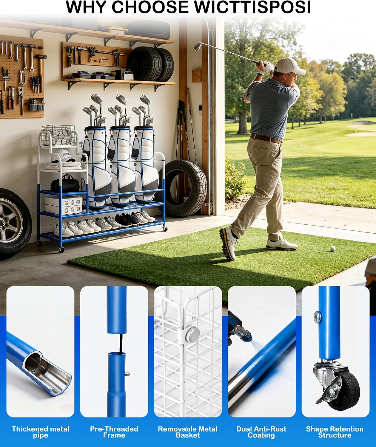Golf Bag Storage Garage Organizer for 3 Bags, Golf Storage Rack with Wheels | 50% More Space Multi-Zone, All-In-One Compact 5-tier Upscale Sporty Heavy-Duty Rack, 4 360° Casters,Movable Basket,Golf Gifts 3 Golf Bag Rack丨50.4"(L)x15.8(W)"x44.6"(H)