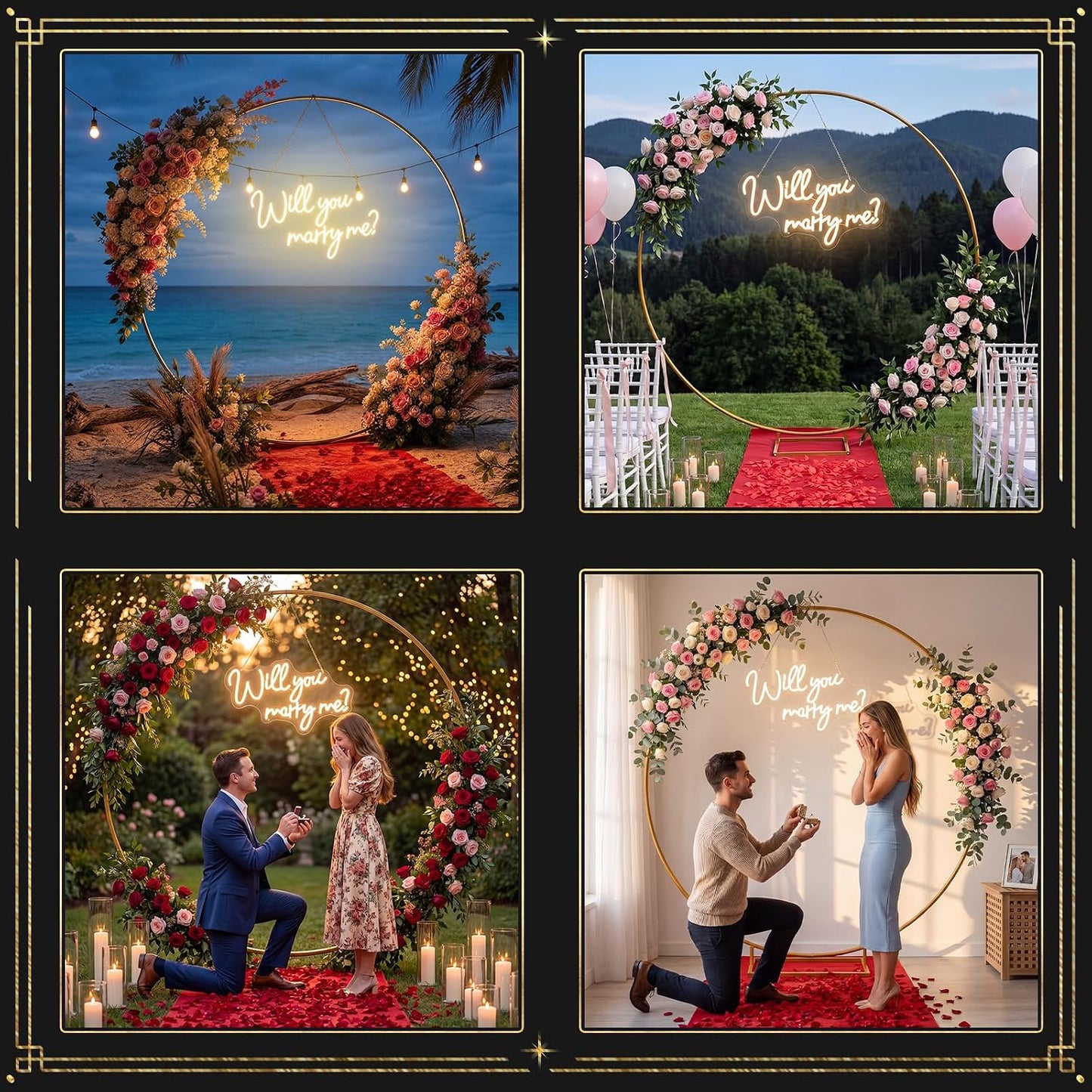 Will You Marry Me Sign 6.6 ft Large Metal Round Wedding Arch Stand Marry Me LED Neon Light Sign Proposal Decoration Red Carpet Aisle 4000pcs Rose Petals for Proposal Engagement Anniversary
