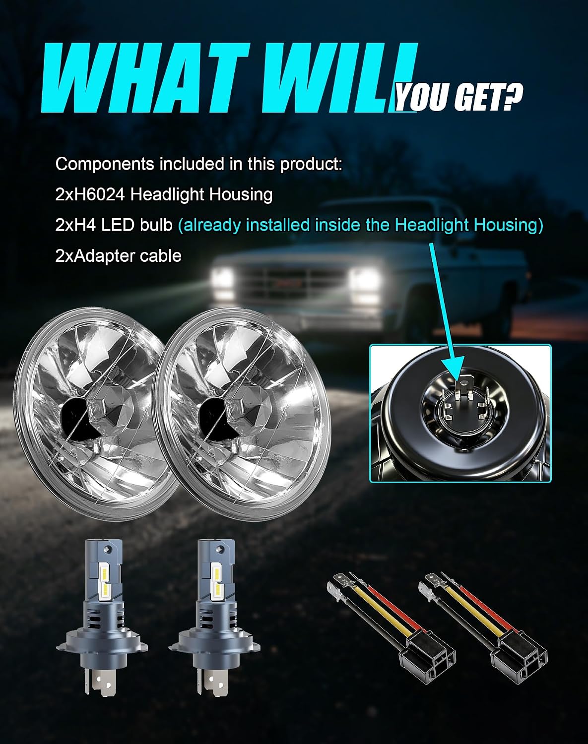 H6024 Glass Round Headlight Housings and H4 Light Bulbs | 6014, 6015, 6016, 7 Inch OEM Style Original Classic Look Conversion Assembly Pair Kit with 2 Adapter cables