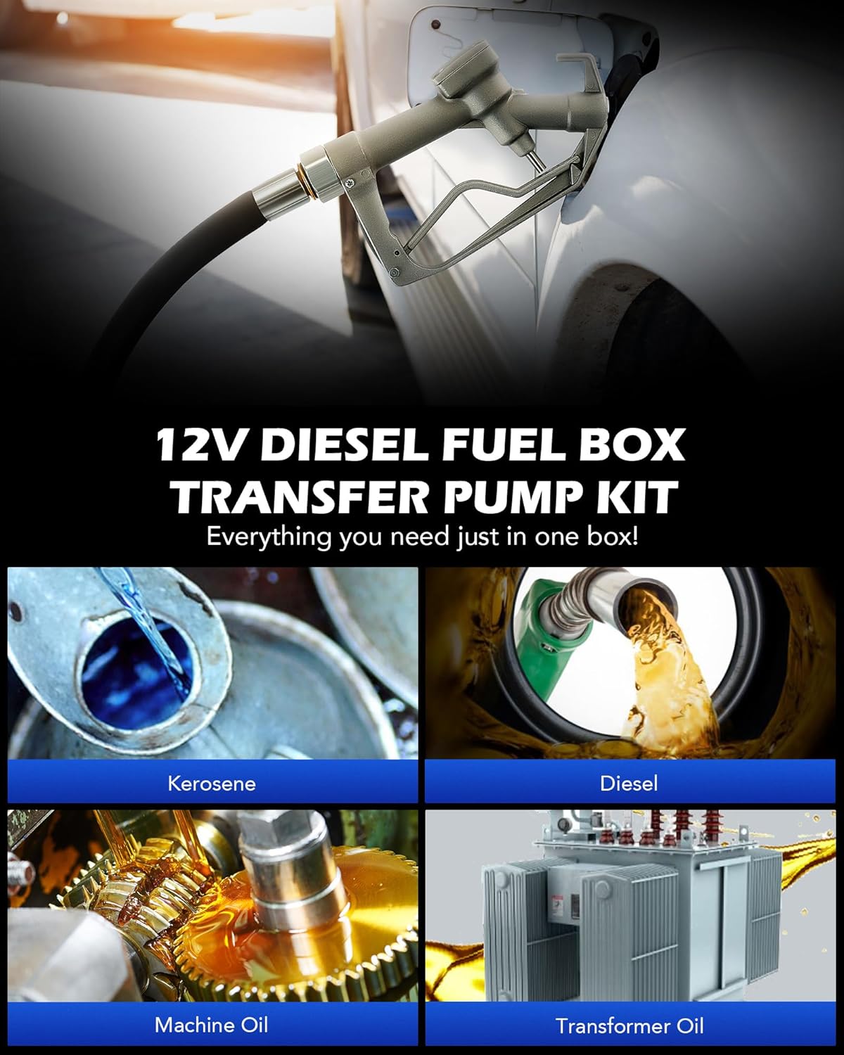 Motor Tech Diesel Transfer Pump Kit, 12V Fuel Transfer Pump Kit with Nozzle & Hoses, Portable Electric Fuel Pump for Transformer Machine with Carry