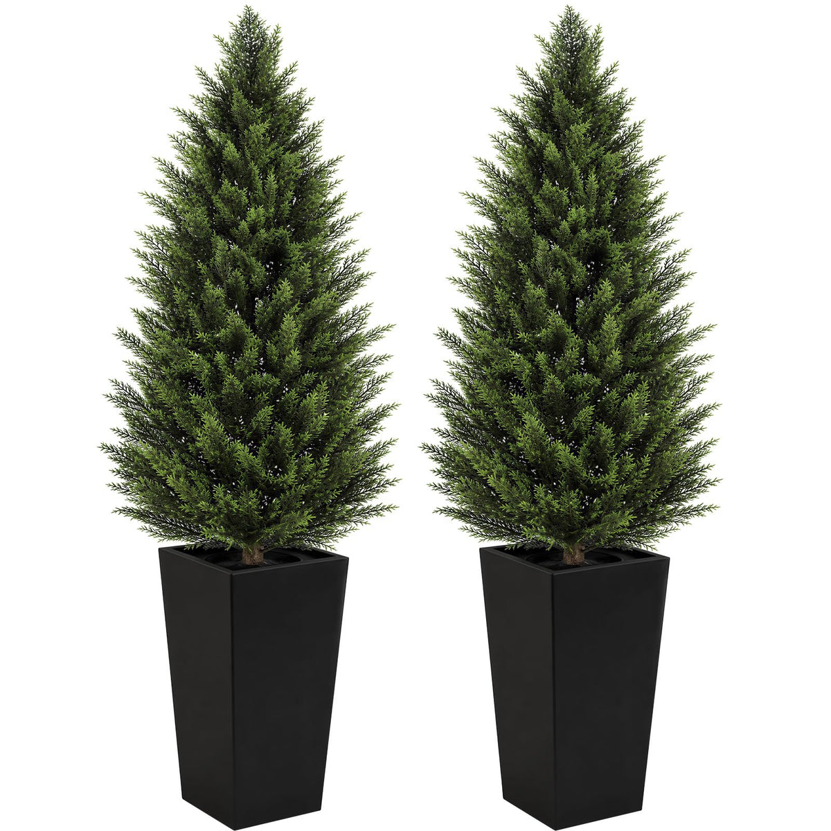 4FT Artificial Cedar Topiary Trees 2 Pack, Realistic Faux Cypress Trees with Square Black Planter Pot, UV Resistant Outdoor Evergreen Plants for Front Porch Patio Garden Landscape Decor Black Square Planter 4ft