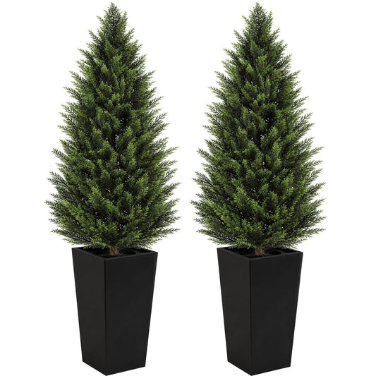 4FT Artificial Cedar Topiary Trees 2 Pack, Realistic Faux Cypress Trees with Square Black Planter Pot, UV Resistant Outdoor Evergreen Plants for Front Porch Patio Garden Landscape Decor Black Square Planter 4ft