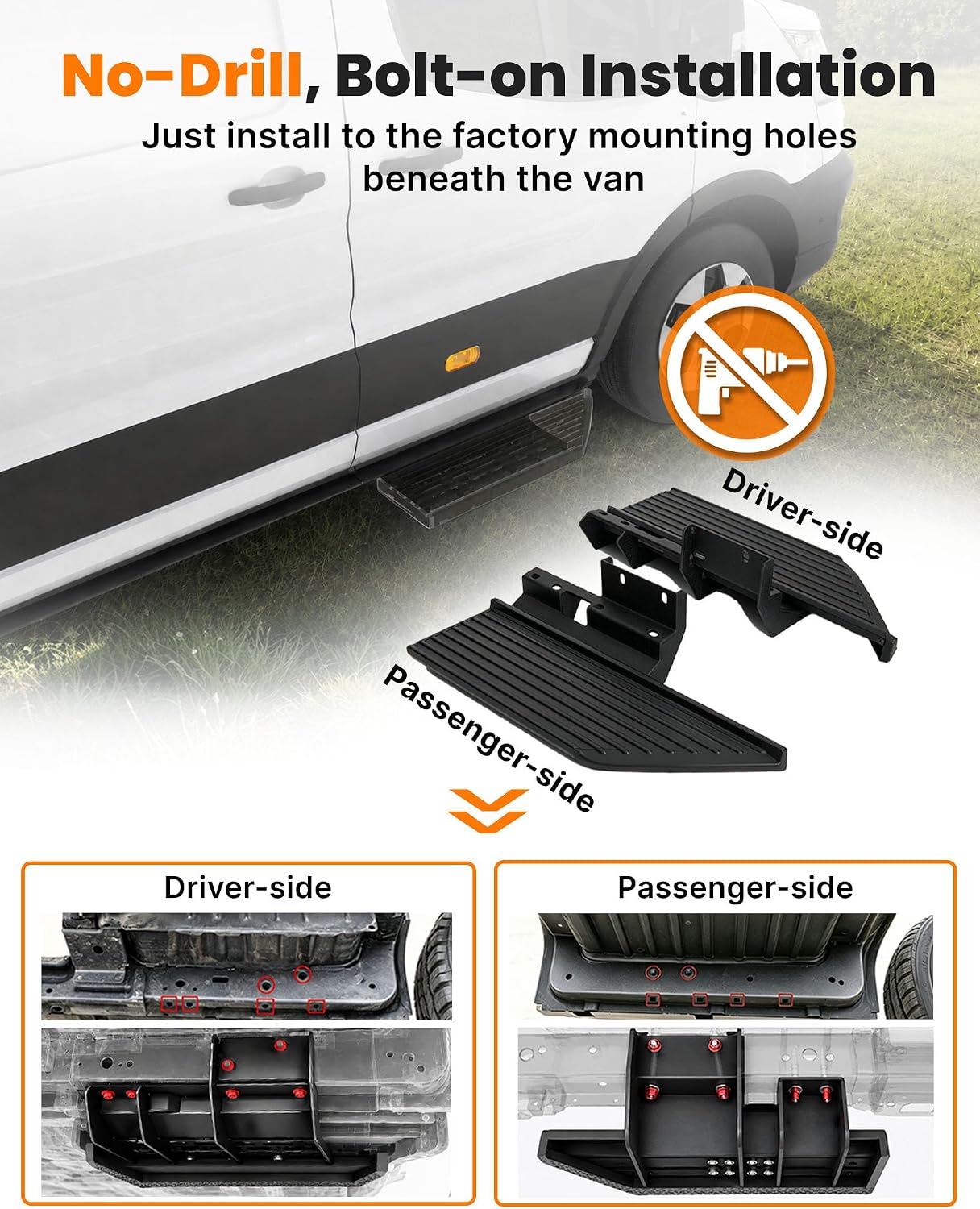 MELIPRON Running Board Fits for Ford Transit 150, 250, 350 Aluminum Rear Side Steps for Van No-Drilling Required