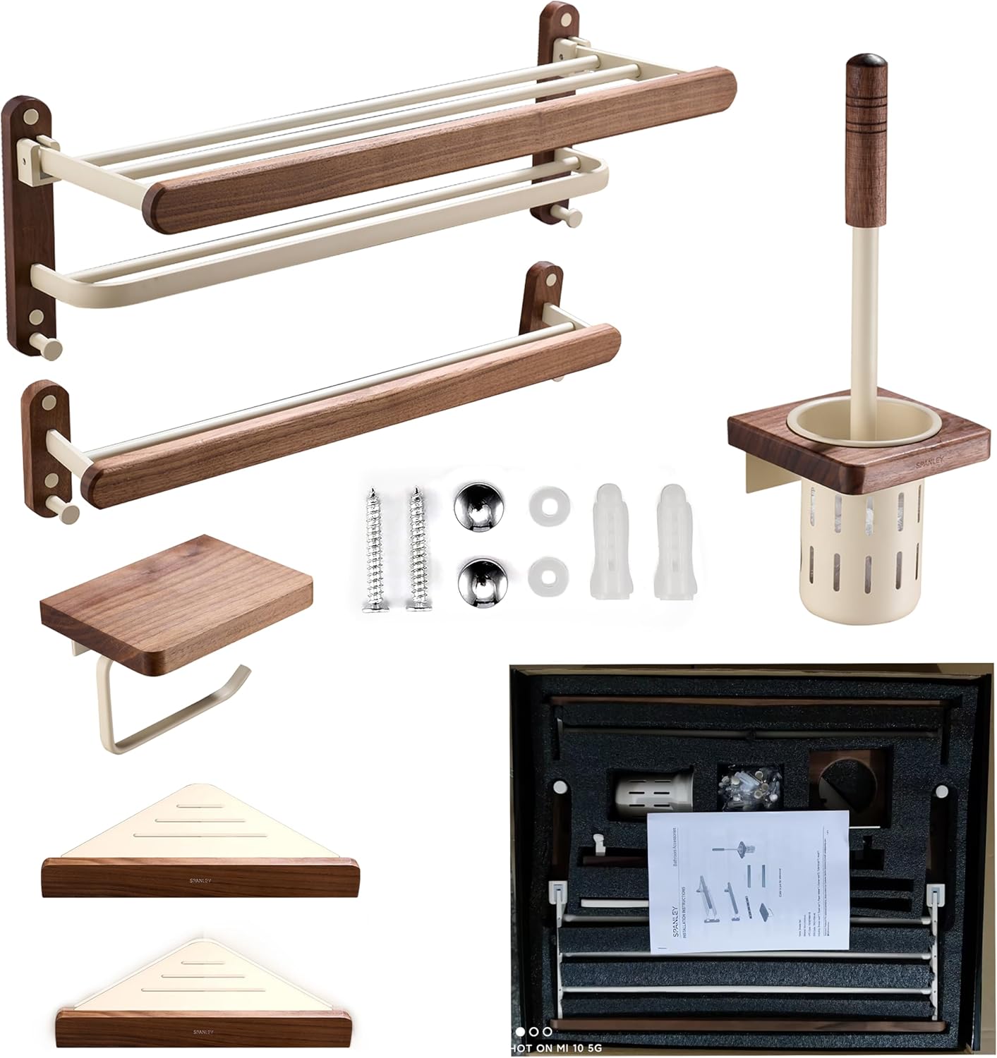 Luxury Walnut Aluminium Bathroom Accessories Shower 7 Pieces Set, Including Shower Rack, Hook, Corner Rack