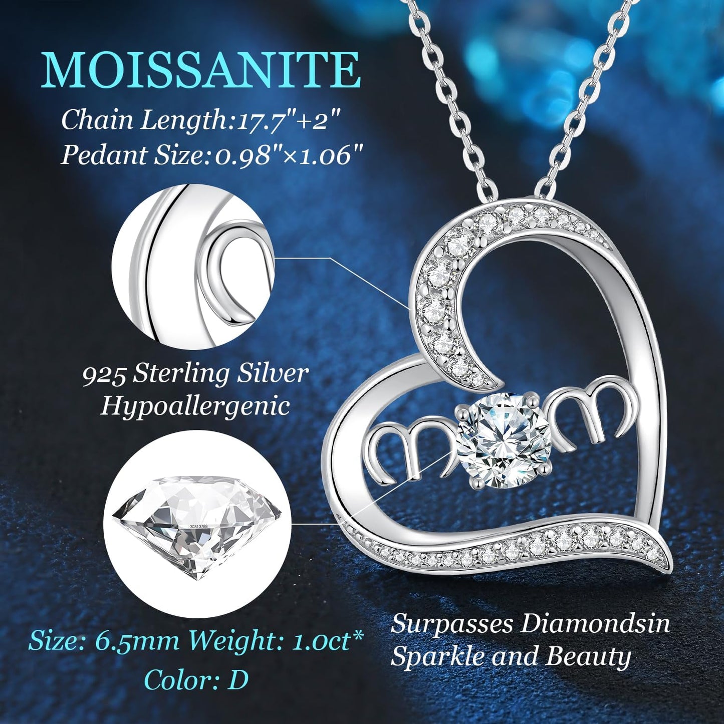 OOBEE Mother&#39;s Day Gifts for Mom, MOM Love Heart Moissanite Necklace for Women, D Color VVS1 Moissanite 925 Sterling Silver Fine Jewelry, Ideal