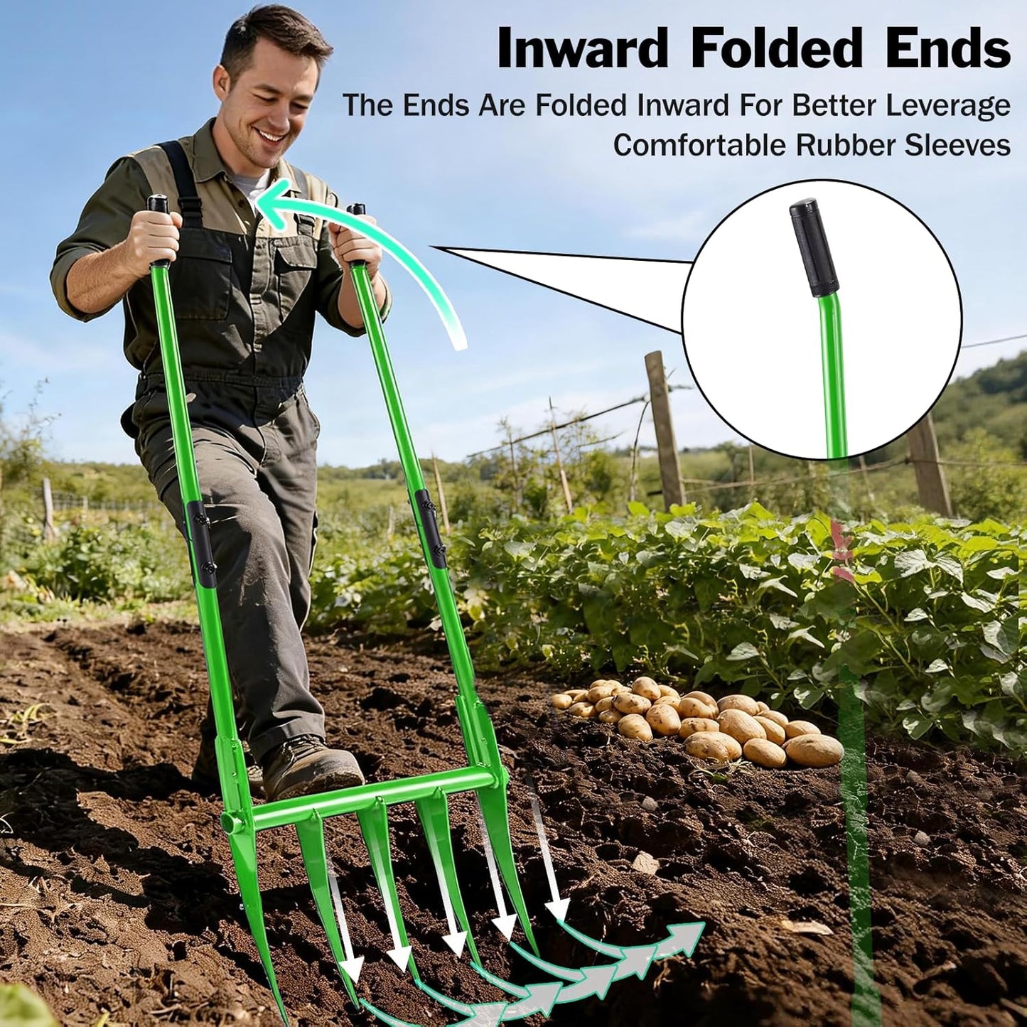 5 Tines All Steel Broadfork, 19" Broad Fork Garden Tool Heavy-Duty Digging Pitchfork, Non-Slip Grips & Detachable Design for Gardening, Farm Cultivation, and Soil Loosenin