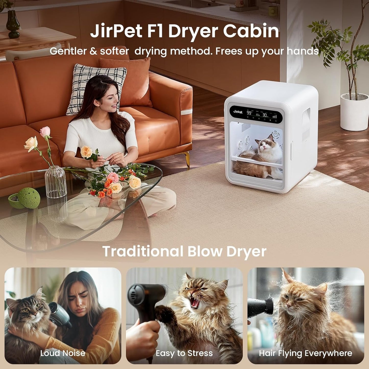 JirPet F1 Professional Pet Dryer Cabin, 75L Extra Large Cat Dryer Box with Smart Control Humidity & Temp, 40dB Ultra Quiet Hair Dryer for Dogs,