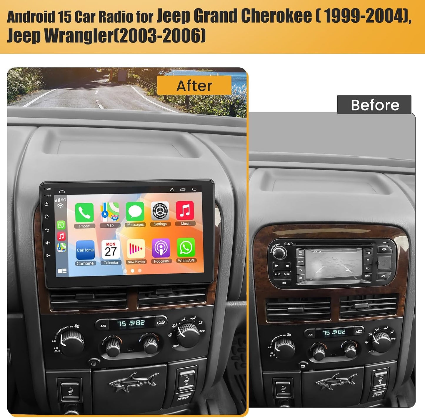 (8Core + 64GB) Car Radio Stereo for Dodge RAM(2002-2006),for Jeep Wrangler (2003-2006),Jeep Grand Cherokee (1999-2004),9 Inch QLED Touch Screen with Wireless Carplay&Android Auto&Mirrolink For Dodge Ram 2002-2006