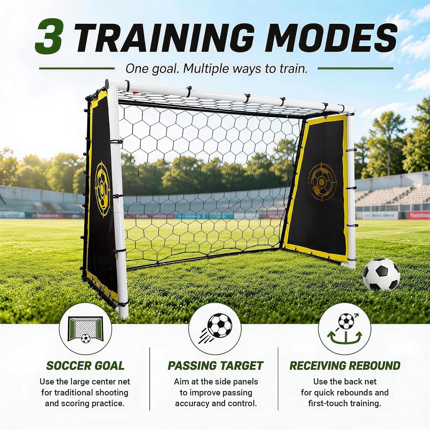 3-in-1 Soccer Goal & Soccer Rebounder, 6x4 ft/7x5 ft Soccer Net | Heavy-duty Steel Frame, 10-Ply Sturdy Net, Practice Shooting, Passing Accuracy & First-Touch Control for All Levels