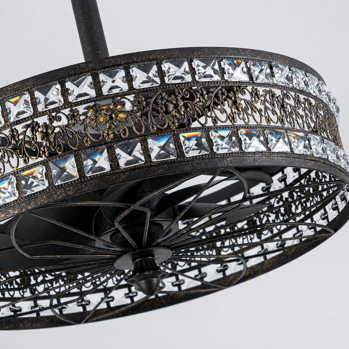 Antique Bronze Chandelier Ceiling Fan with Light,Crystal Caged Fandelier
