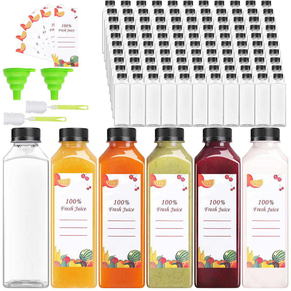 OBKJJ Plastic Juice Bottles 240 pcs 16 oz Empty Plastic Water Bottles with Caps Reusable Clear Beverage Containers for Drinking, Juicing, Smoothie, Water with 2 Brushes, 2 Funnels