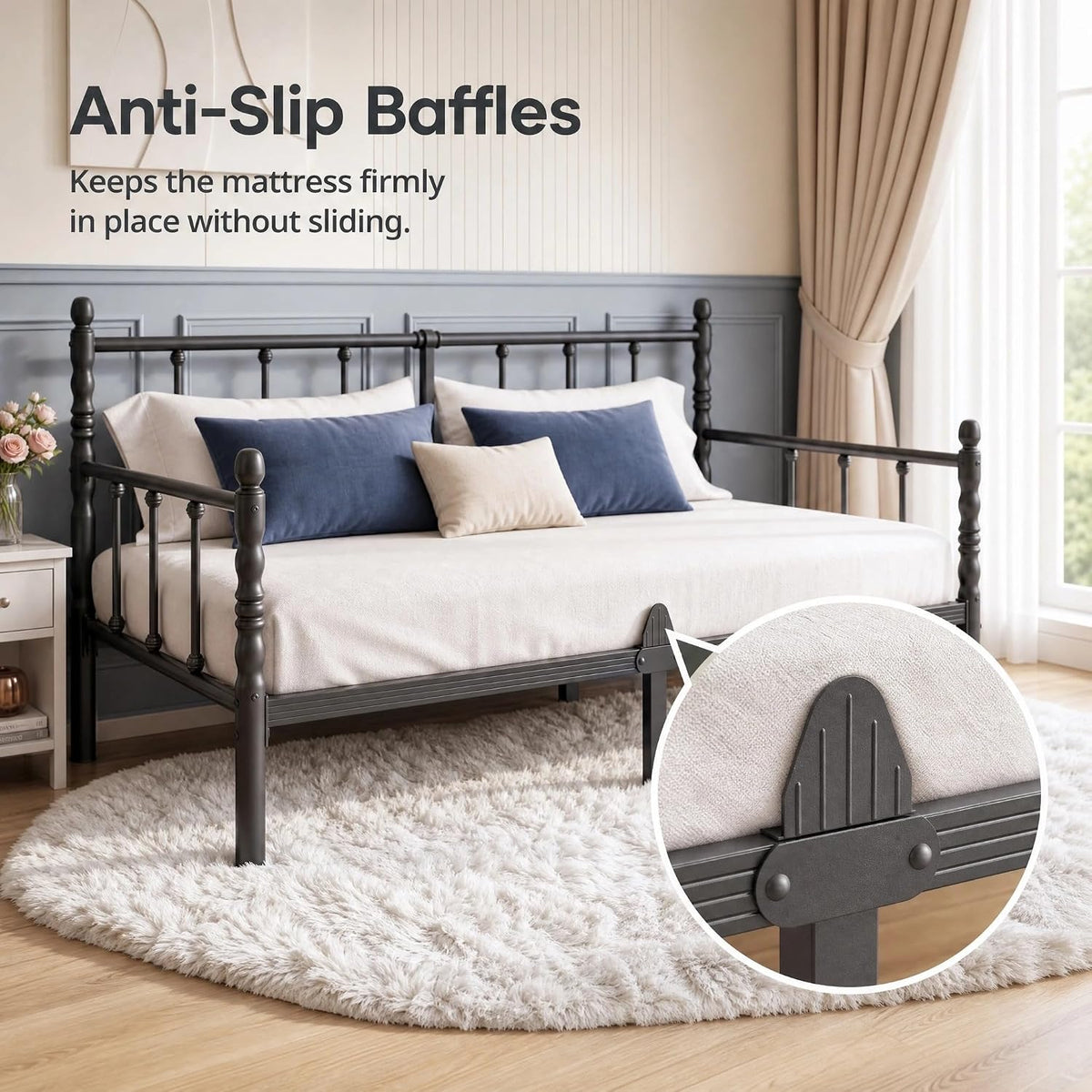 12 Inch Black Vintage Twin Daybed Frame with Sturdy Metal Slats
