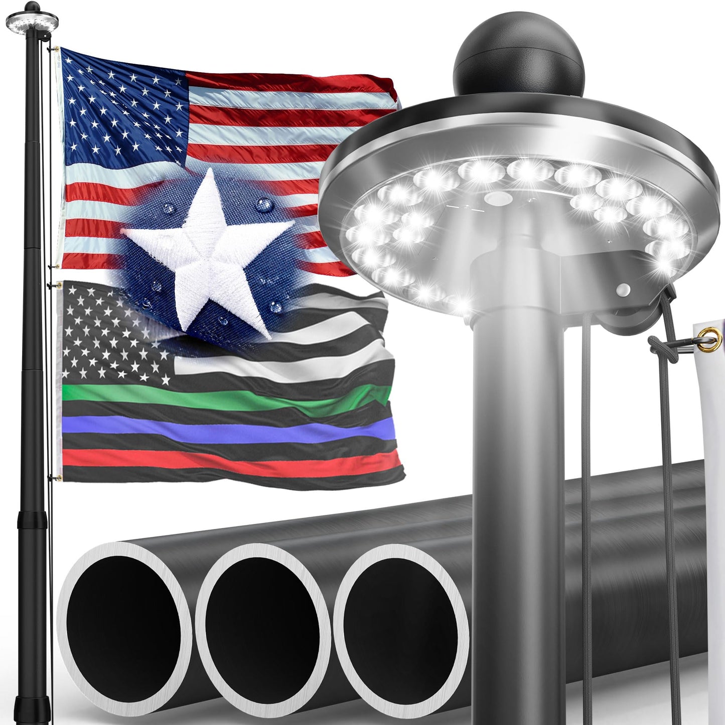 15FT Heavy Duty Flag Pole for House with Solar Light,80MPH Wind Tested | Tapered Design - 2.0" Bottom Tube,Heavy Duty Aluminum Flagpole,In Ground Flag Pole Kit for Residential & Commercial Yard Use 15FT Black