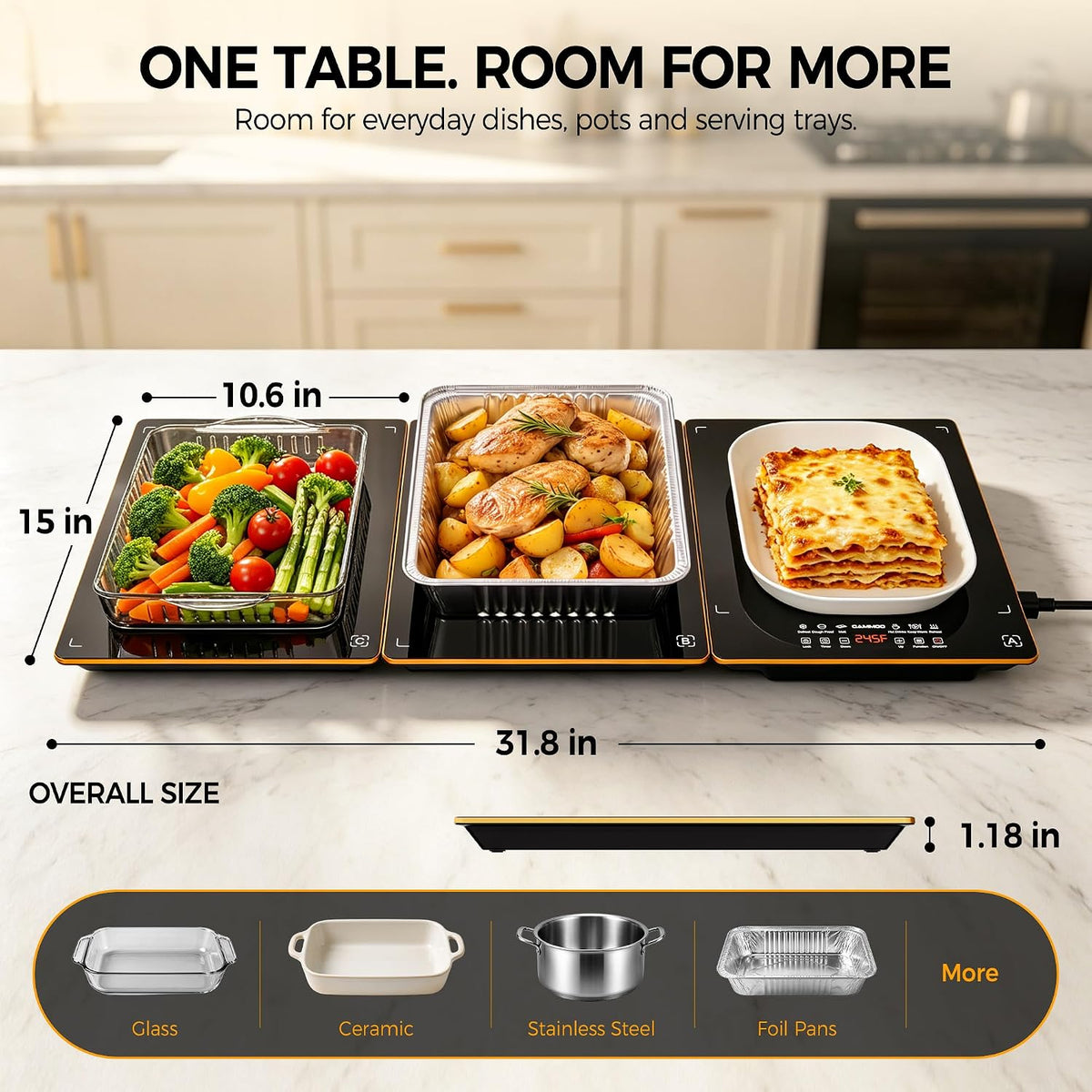 CAMMOO Electric Warming Tray, 31.8''x15'' 3-in-1, Tempered Glass Warming Mat for Food 31.8"L*15"W 3