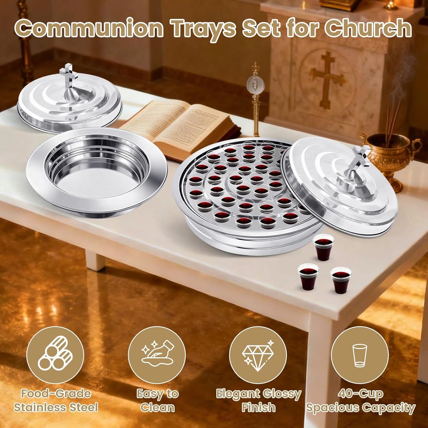 Communion Set Holy Trays,2Pcs Stainless Steel Communion Trays,Dining Set with Squeeze Bottle & Liquid Dispenser, Includes 100 Disposable Cups,for Church Service