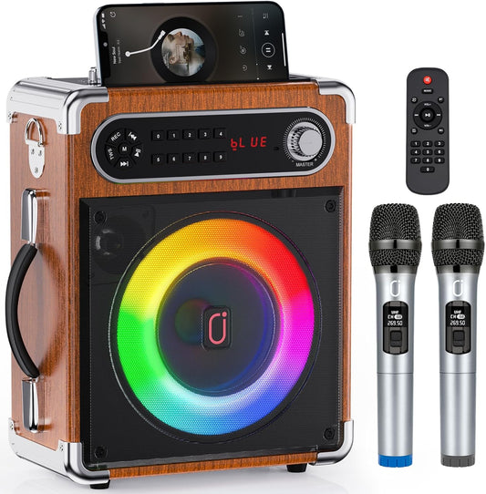 Karaoke Machine, Portable Bluetooth Speaker with 2 Wireless Microphones for Adults & Kids, Karaoke Microphone with PA System, Bass/Treble Adjustment,