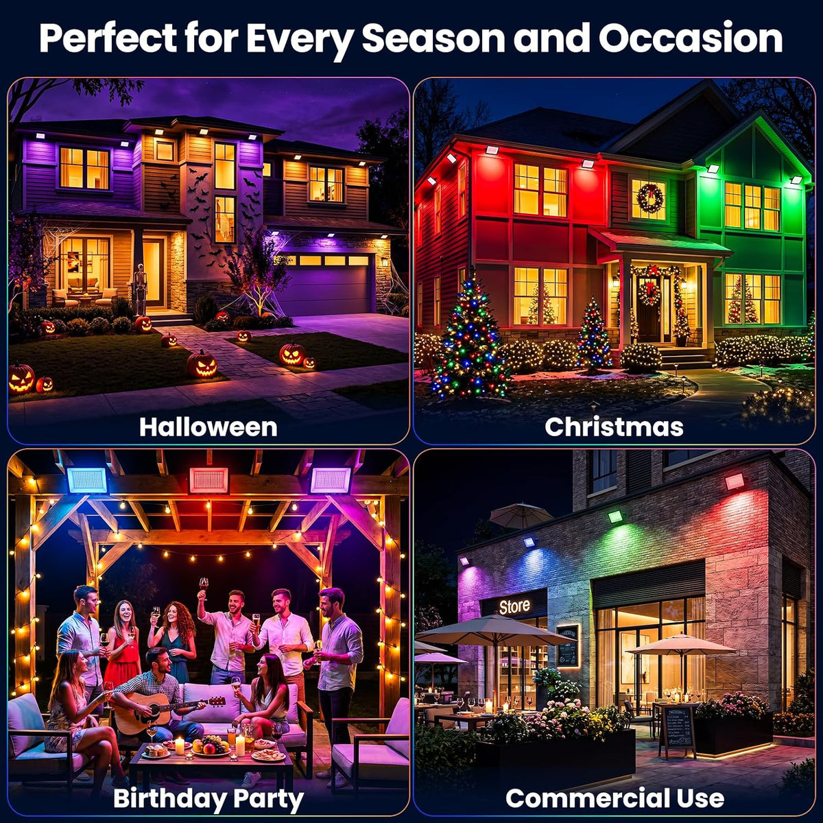 RGB LED Flood Light Outdoor 2000W Equivalent, 200W RGBCW Smart Floodlights with APP & Remote Control, 16 Million Color Changing, Timing, DIY Scenes, IP66 Waterproof Landscape Light (2 Pack)