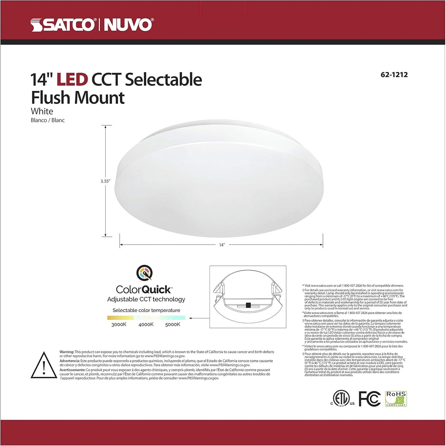 14 inch Acrylic Round, Flush Mount Ceiling Light (Temperature Selectable & Dimmable 3000K/4000K/5000K)