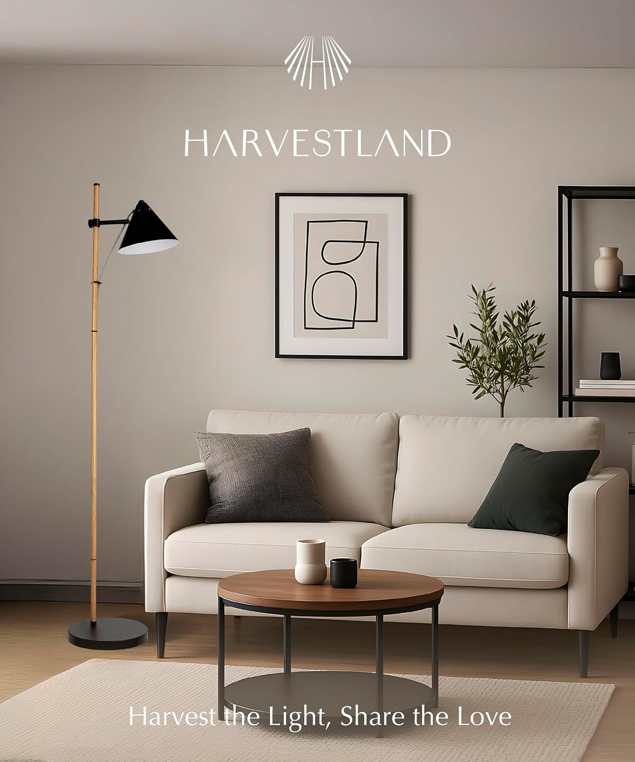 HarvestLand Noah Floor Lamp, Adjustable Reading Lamp for Living Room | 345° adjustable floor lamp,13” height adjustment, solid base, focused reading light. Black Wood Effect+Black