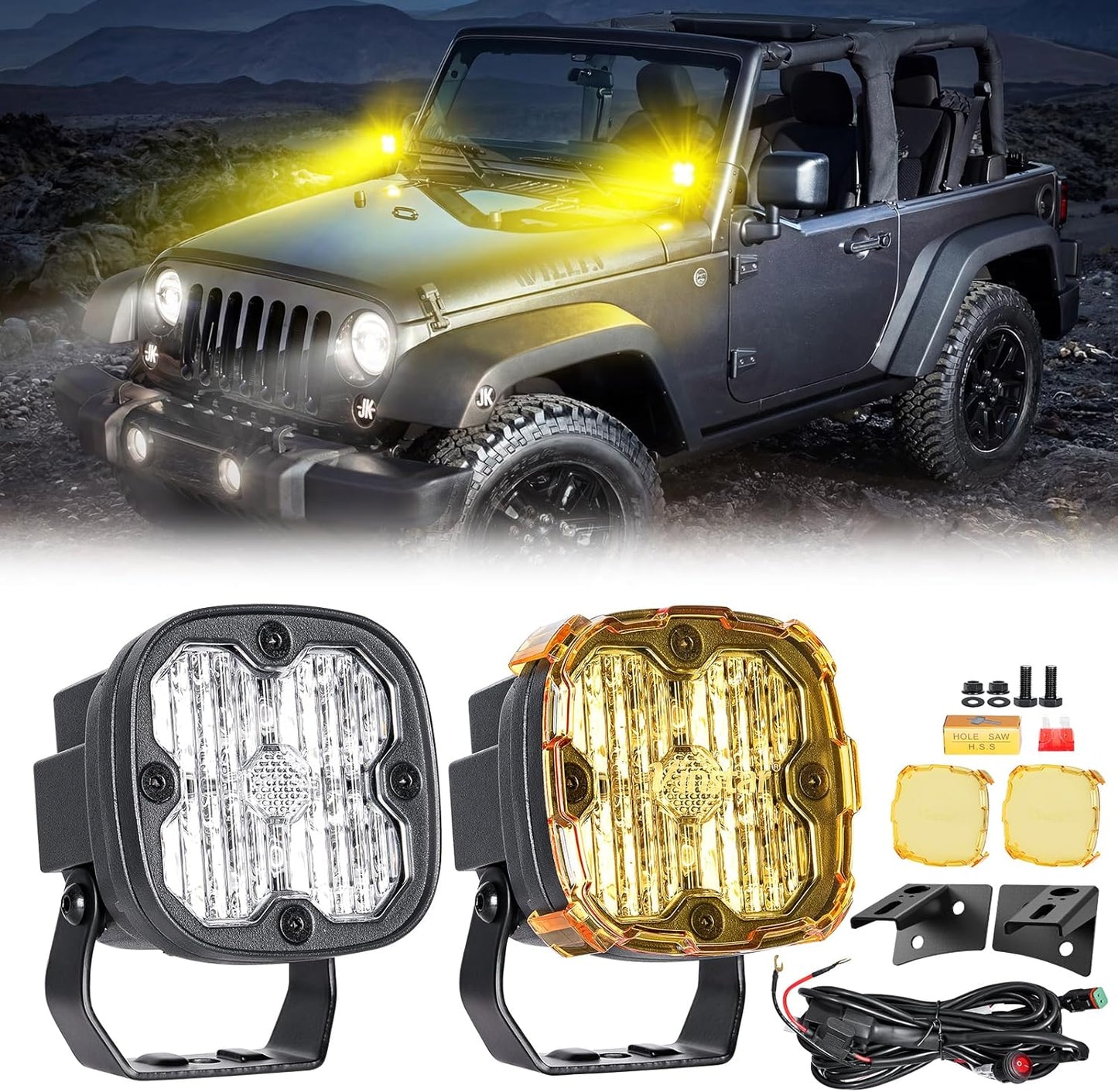 Ditch Lights Fit for JK JKU 2007-2017 Wrangler Jeep, Up to 4000LMS Bright 40W LED Mods Light Kit, Arrived with Optional Amber Lens and Mounting Bracket, 2PCS(White Ditch Light)