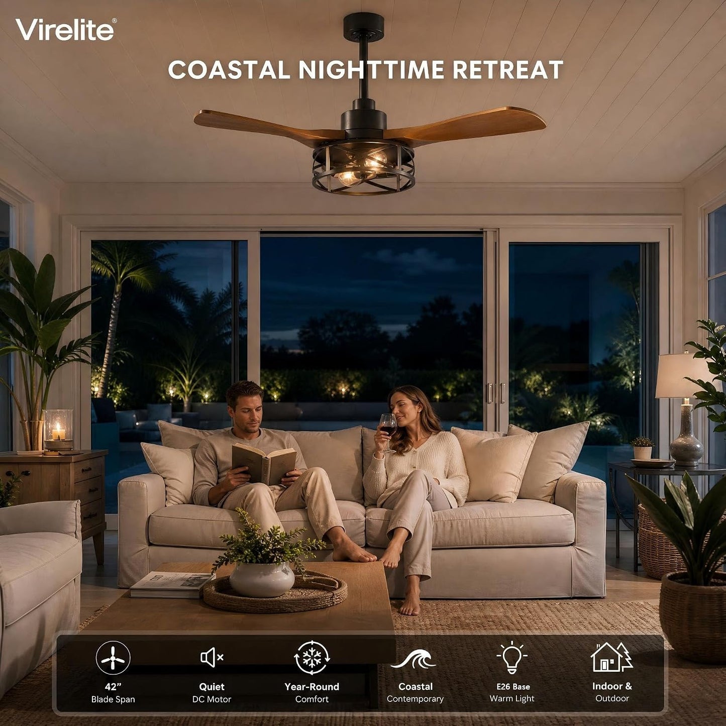 42 Inch Modern Farmhouse Ceiling Fan with Light, 3 Walnut Blade Industrial Cage Light, Quiet DC Motor, App & Remote, 4"+8" Downrods, Hard‑wired Indoor Fan for Bedroom & Living Room