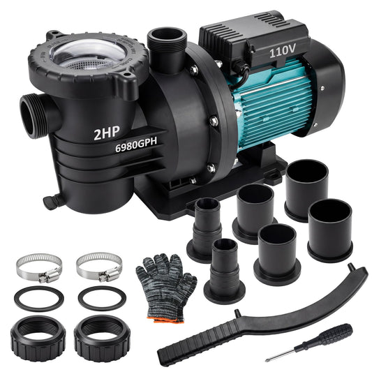 2HP Pool Pump Inground and Above Ground, 6980GPH High Flow Powerful Swimming Pool Pump, 110V Energy Saving with 1.25-1.5'', 1.5'', 2.0'' Unions and Filter Basket 2HP-1
