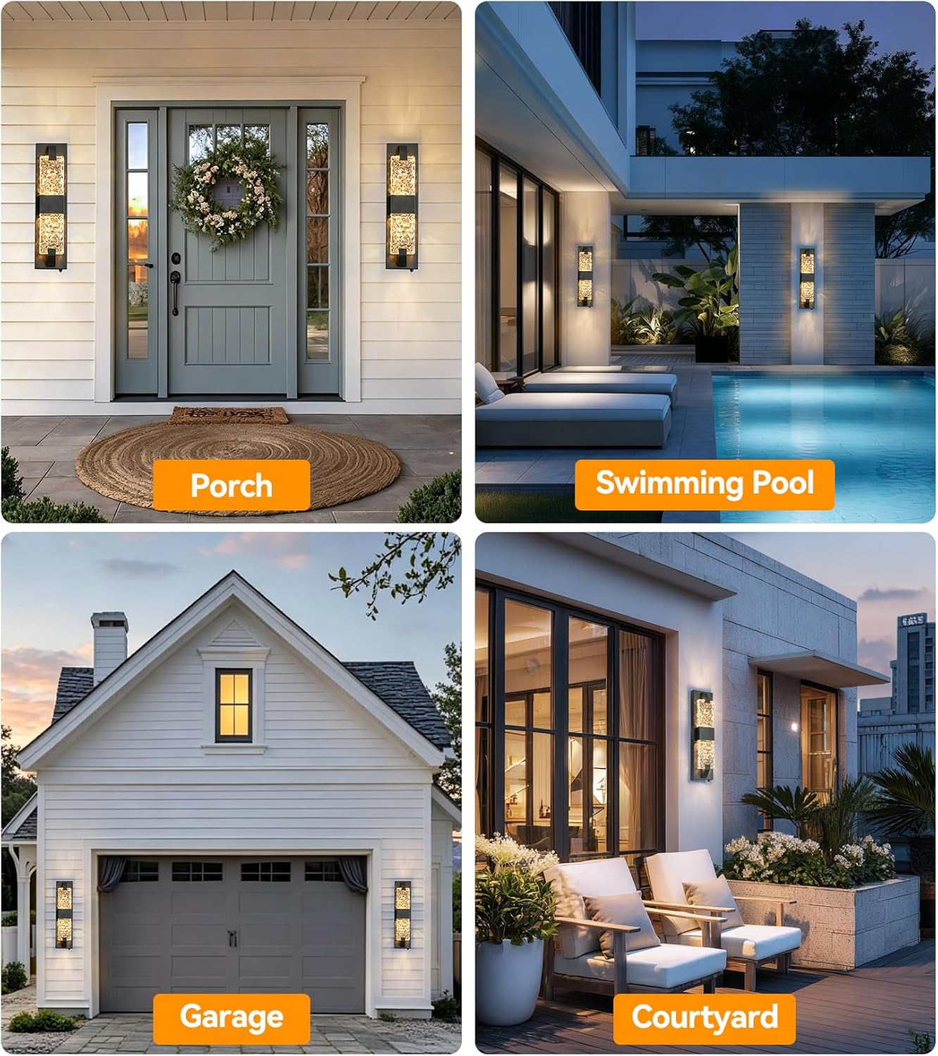 2 Pack Black Outdoor Wall Light 18.5" Dusk to Dawn Outdoor Lighting, Modern Crystal Ripple Porch Lights Outdoor Hardwired Non-Solar IP65 Waterproof Exterior Wall Sconce for House Garage Entryway Black 18.5IN (2 Pack)