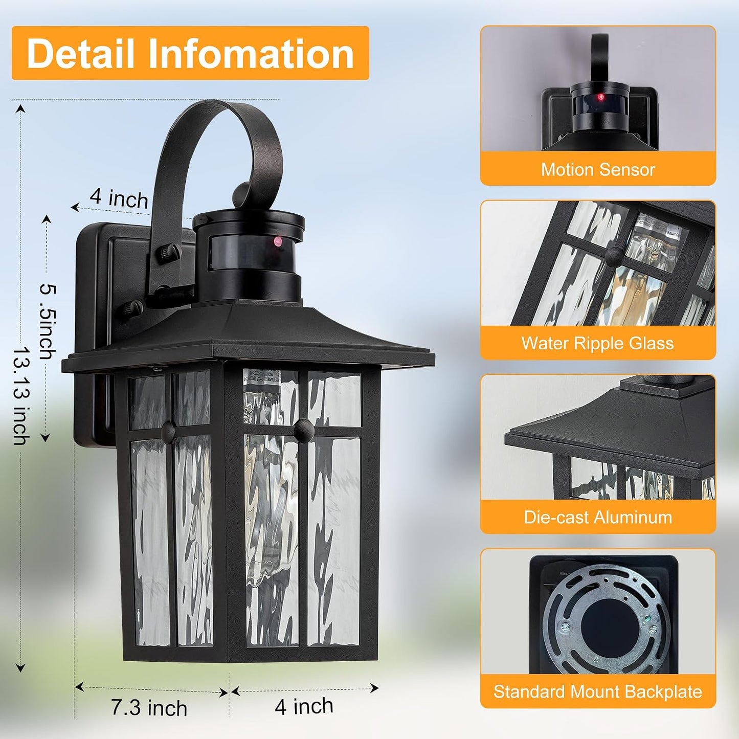 Aluminum Motion Sensor Outdoor Wall Sconces with Ripple Glass, 2P