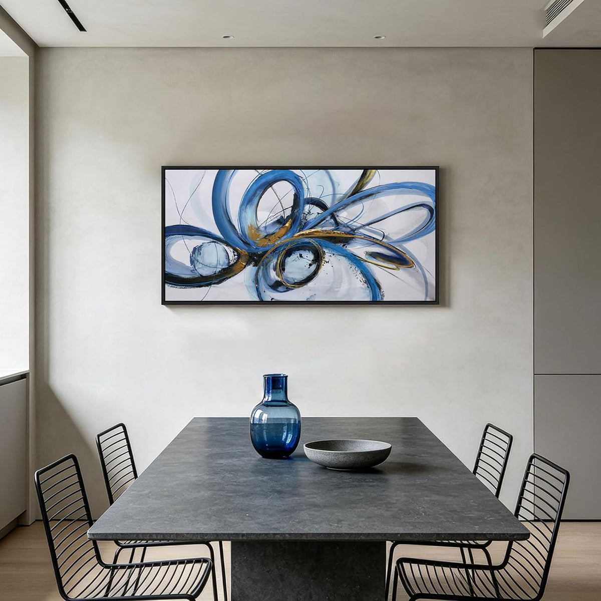 KLAKLA Blue Abstract Wall Art Black Framed Canvas Print 48x24 Inches Blue and White + Black Framed 48"L x 24"W