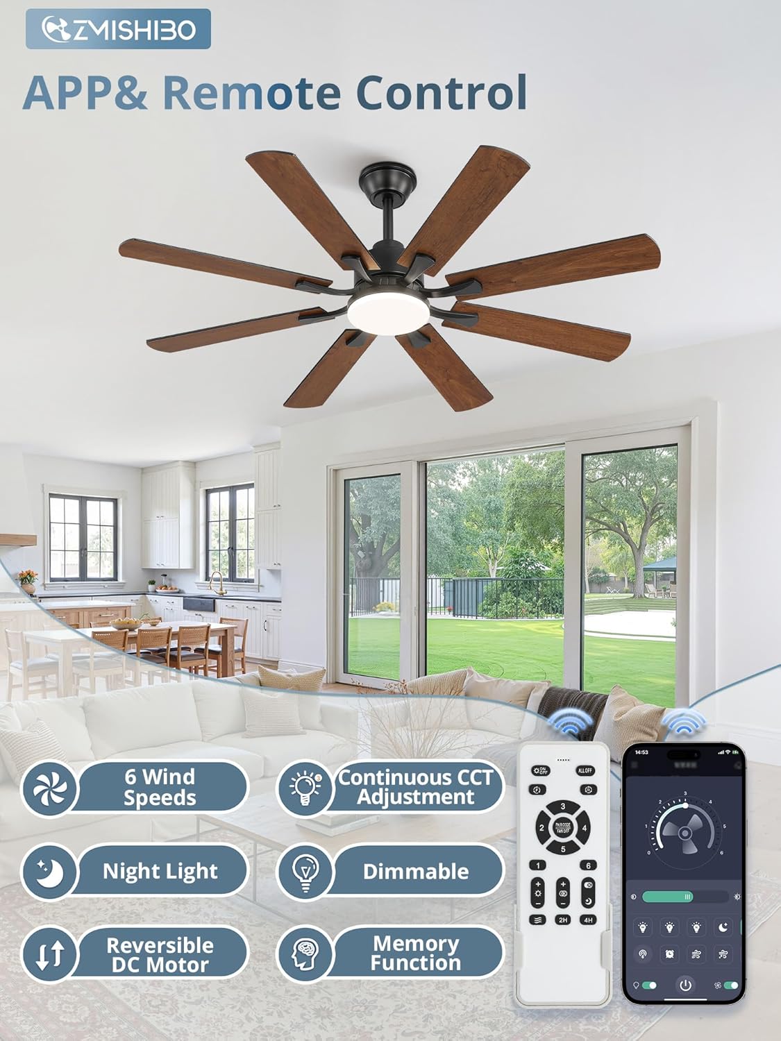 ZMISHIBO 52 inch Ceiling Fan with Light and Remote, 8 Blades Ceiling Fans with 20W LED Light, Quiet DC Motor, 6 Speeds, Stepless Color Temperature Change & Dimmable, for Bedroom Living Room, Black Black 52 Inch
