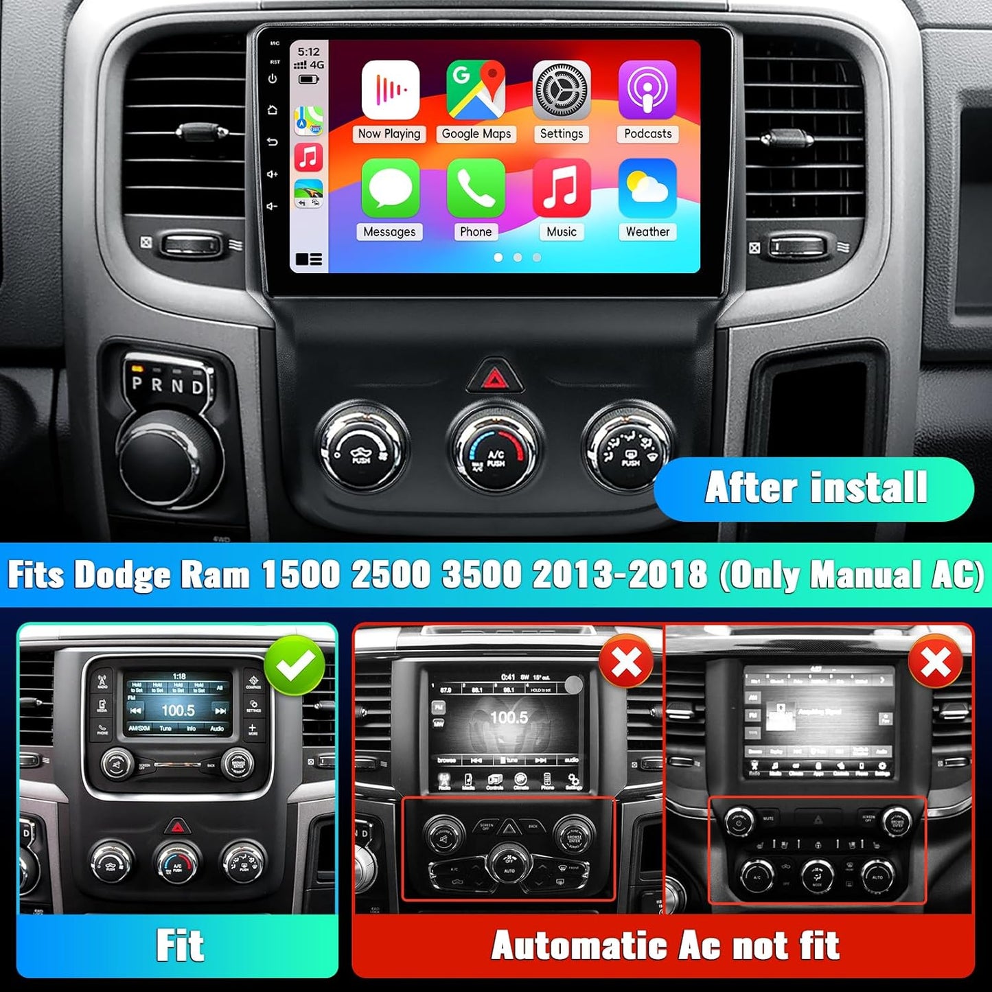 Car Radio Stereo for Dodge Ram 1500 2500 3500 2013-2018 with Manual A/C, Wireless CarPlay & Android Auto, 9 inch Touch Screen Android 15 4-Core 2G+32G, Bluetooth, GPS, SWC, FM/AM
