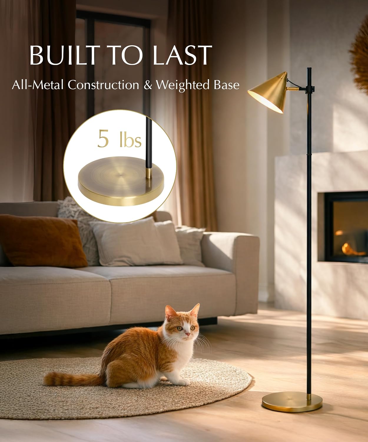 HarvestLand Noah Brass Floor Lamp, Adjustable Reading Lamp | 345° adjustable gold floor lamp with 13” height adjustment and solid base for reading and relaxing.