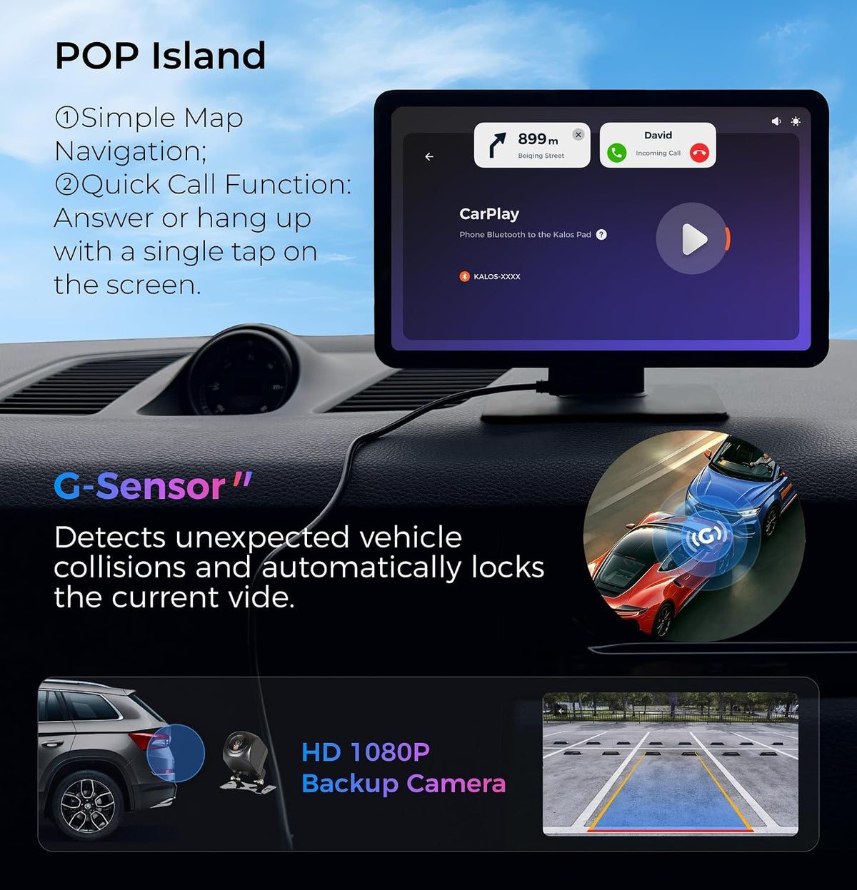 KALOS PAD Wireless Carplay Screen for Car, 9" Carplay & Android Auto Car Stereo, with 1080p Backup Camera, BOE LCD/Mirror Link/Gesture Control/POP Island