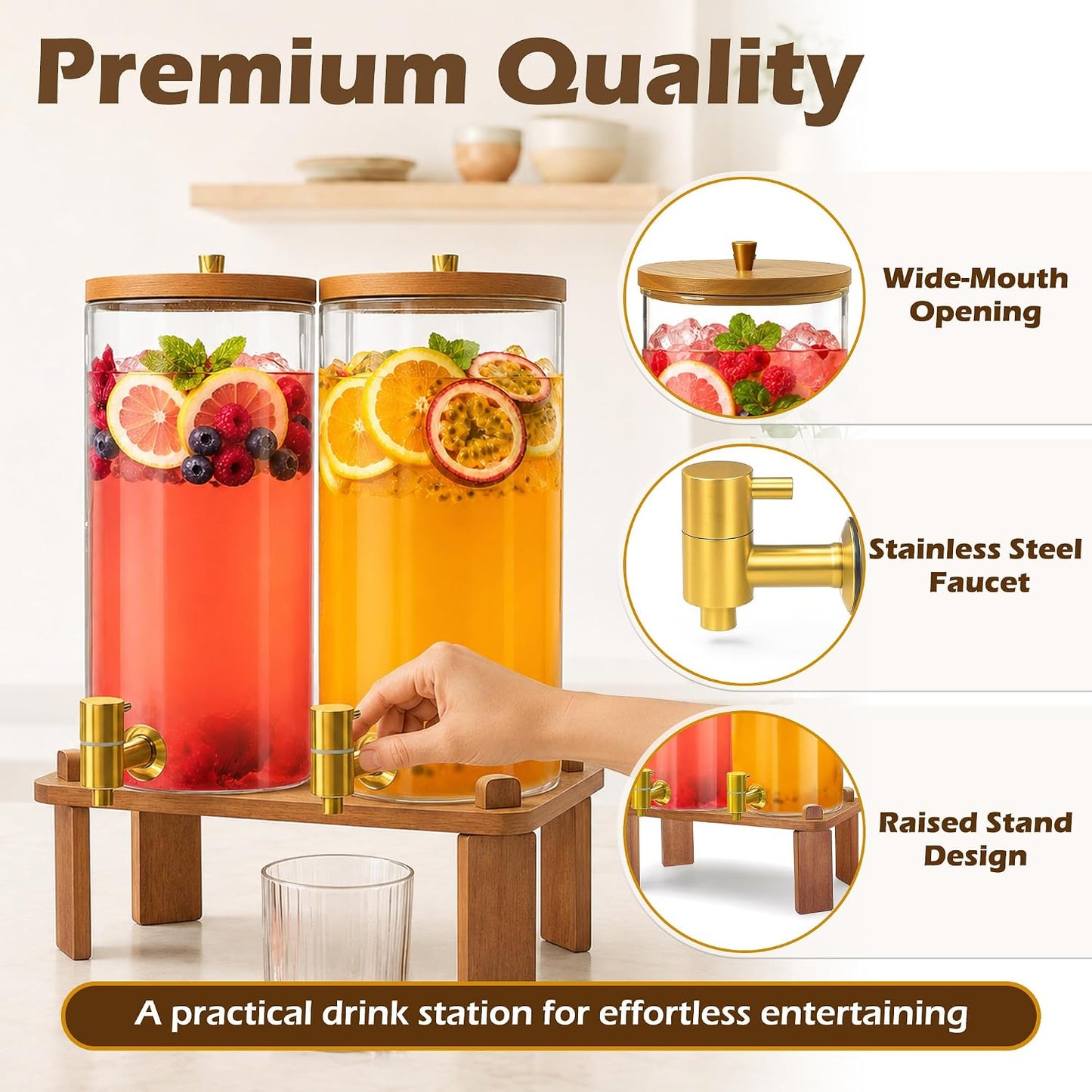 2PCS Drink Dispenser, 1.5 Gallon Each Glass Beverage Dispenser with Wood Stand, Juice Lemonade Dispenser with Stainless Steel Spigots, Drink Dispensers for Parties