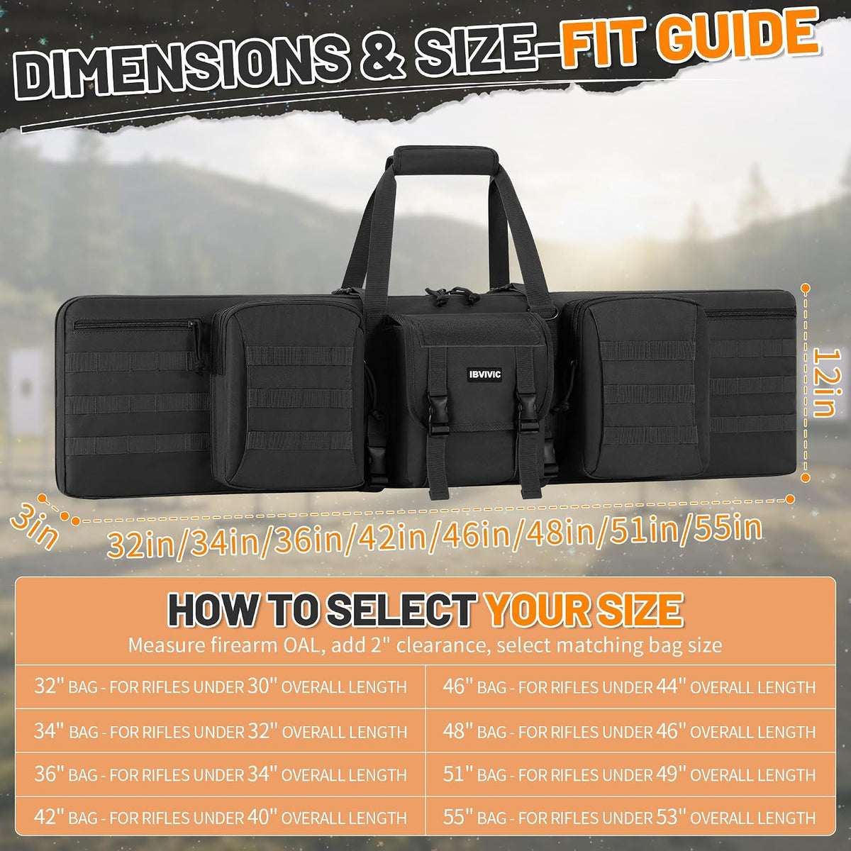 Double Rifle Case Gun Bag, Black 51" x 12" Double Rifle Case