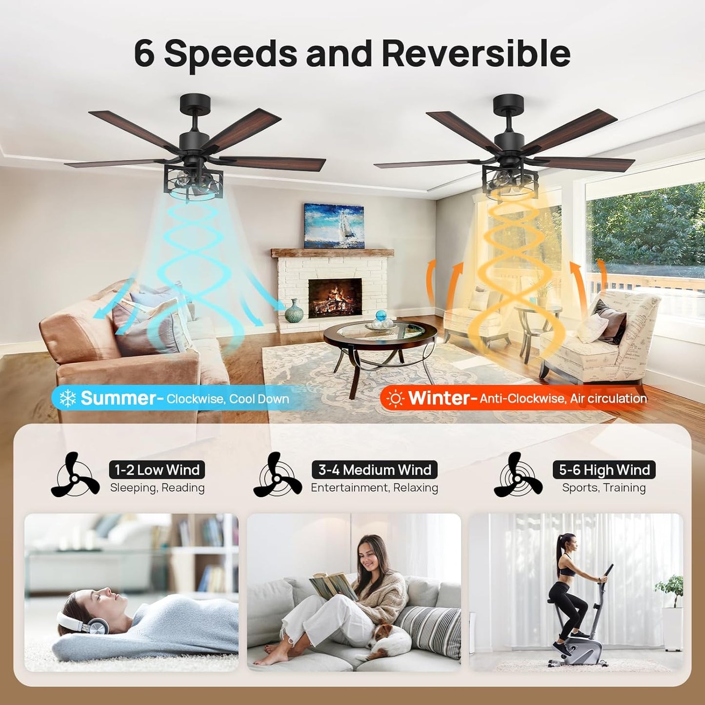 Consciot 52 Inch Ceiling Fan With Lights, Farmhouse Indoor Ceiling Fan With Remote, Quiet Reversible DC Motor, 5 Double Finish Wood Blades, Dimmable