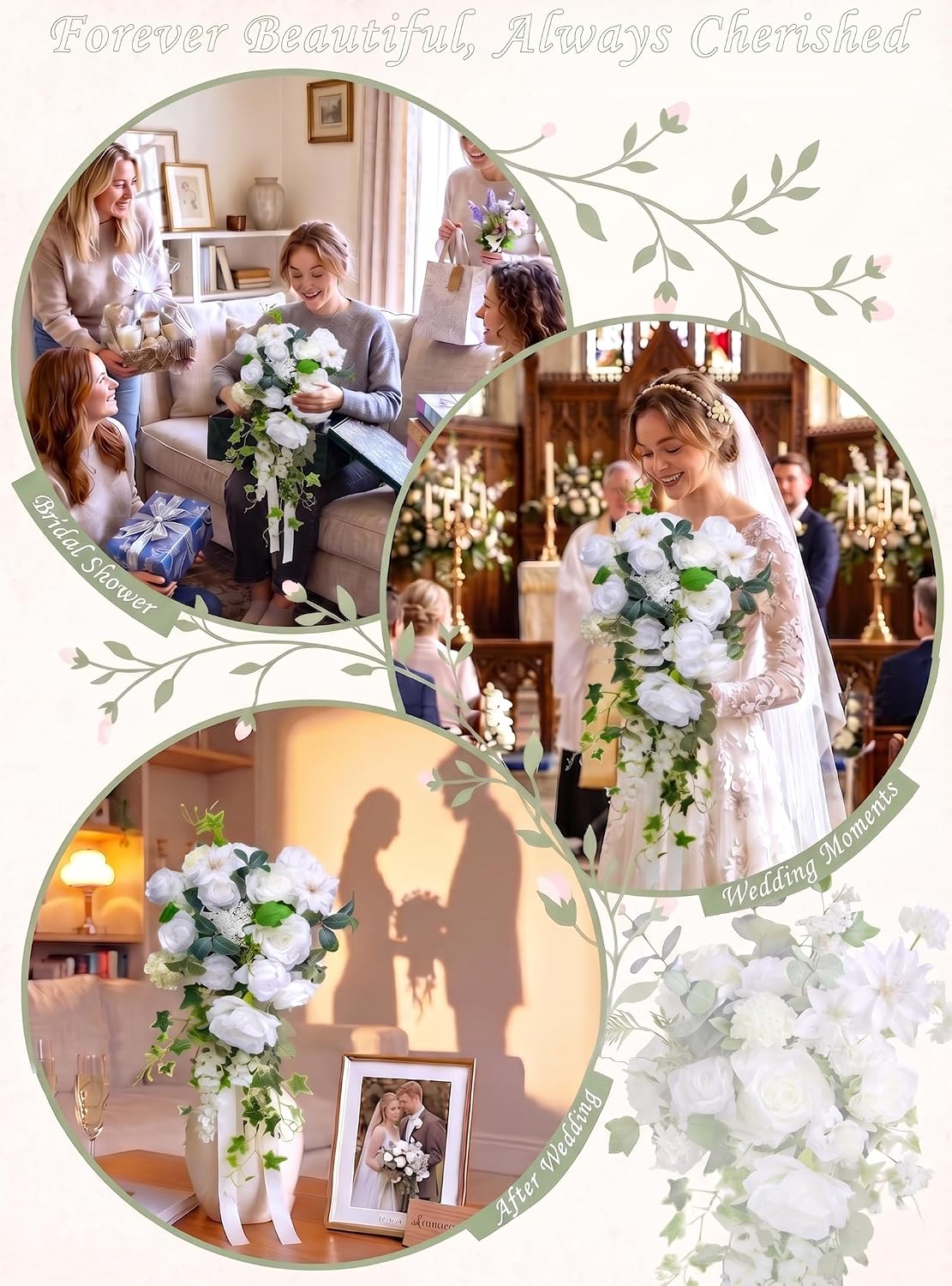 13.7" Wedding Bouquets for Bride,White Silk Cascading Bride Bouquet White & Sage 13.7inch
