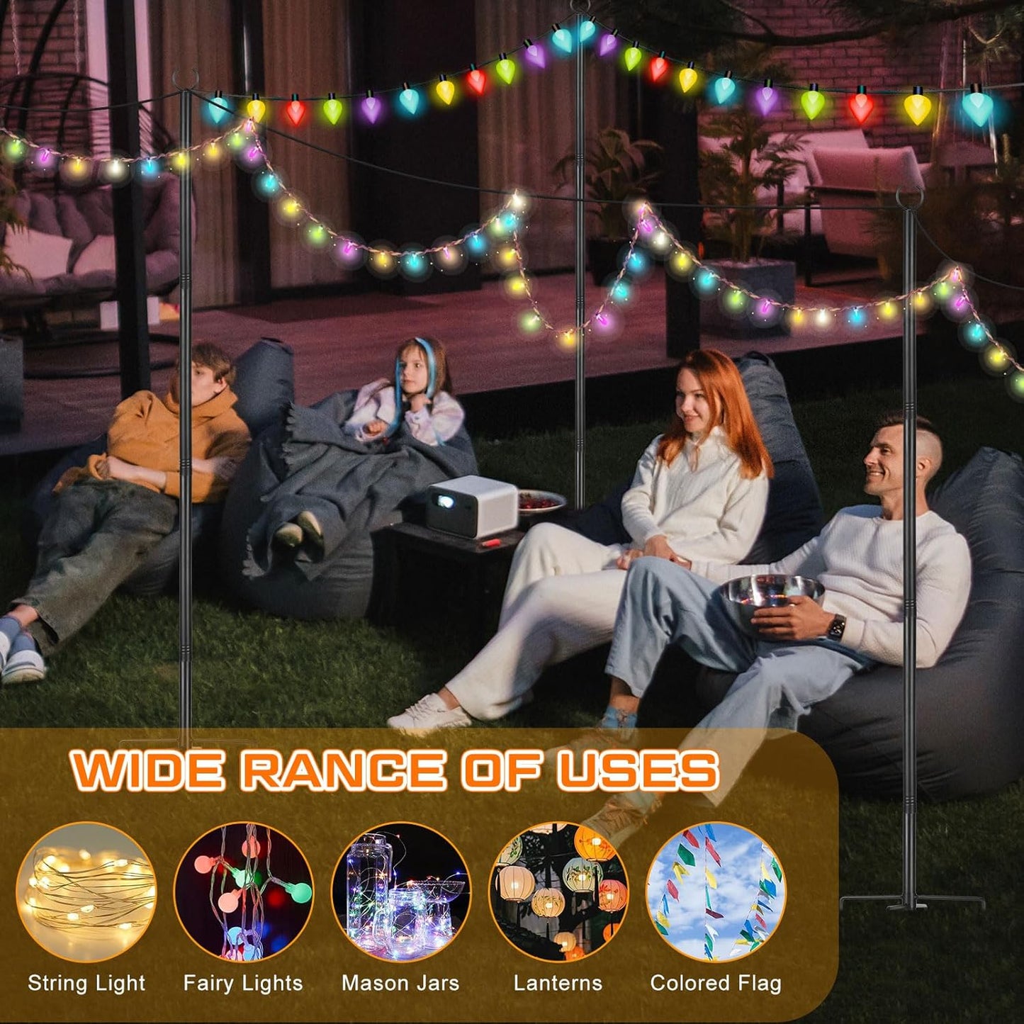 6 Set String Light Poles with Hooks, 9ft Metal Light Pole, Outdoor 2 in 1 Light Poles with Fork