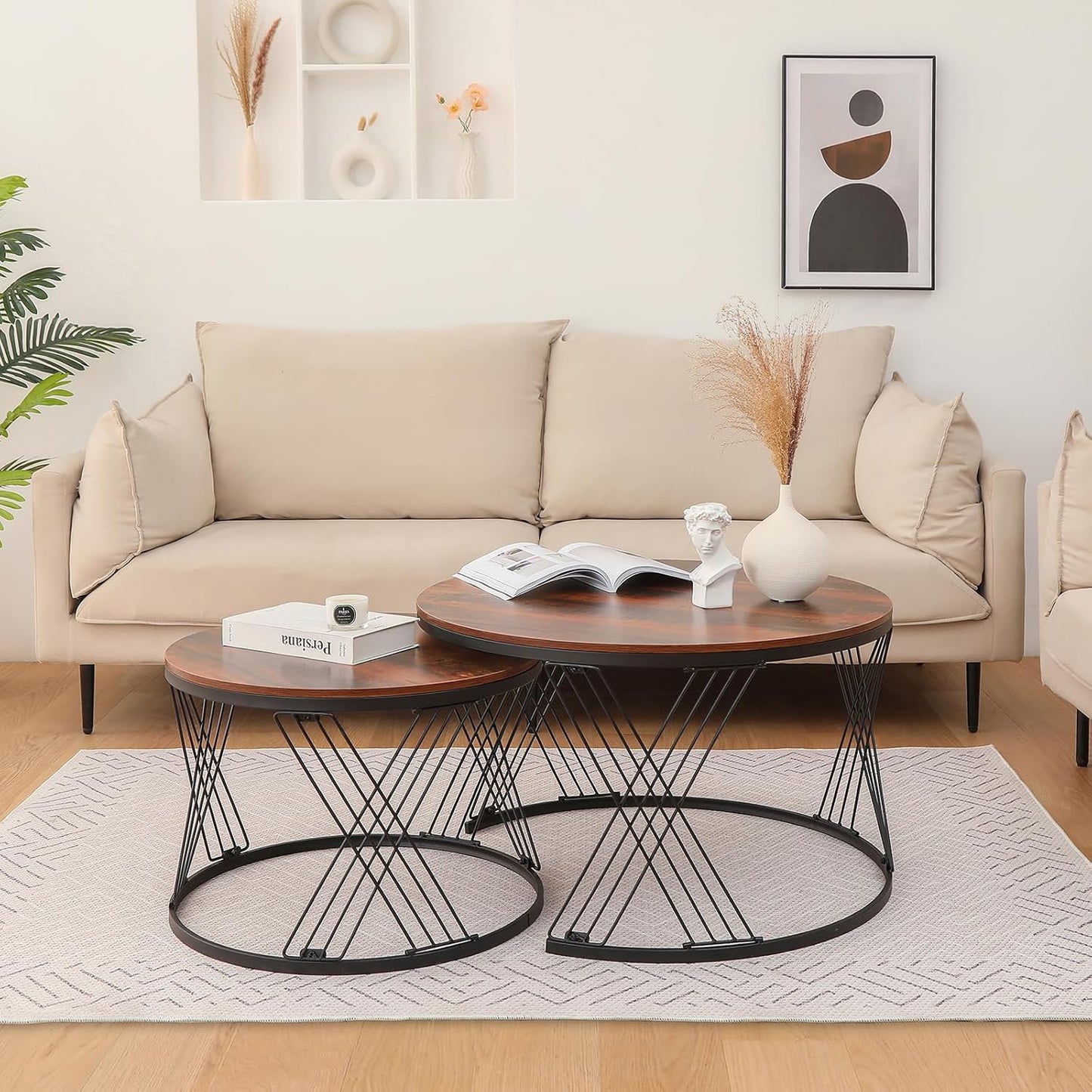 Round Nesting Coffee Table Set of 2 with Black Coated Metal Frame