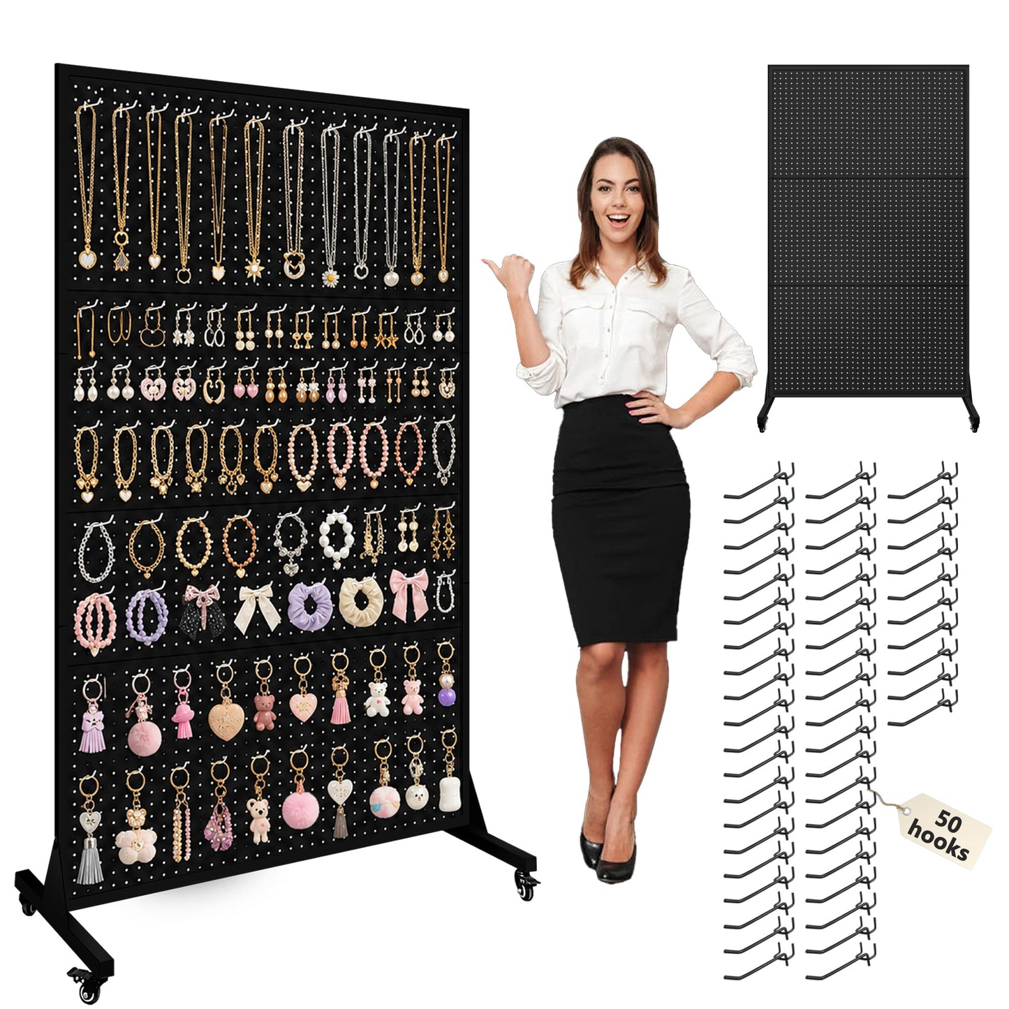 Royxen 43“ x 72”Metal Pegboard with 50 Hooks, Large Peg Board Display Stand with Wheels, Metal Standing Pegboard Display, Art Display Stand for Home&Retail (Black)